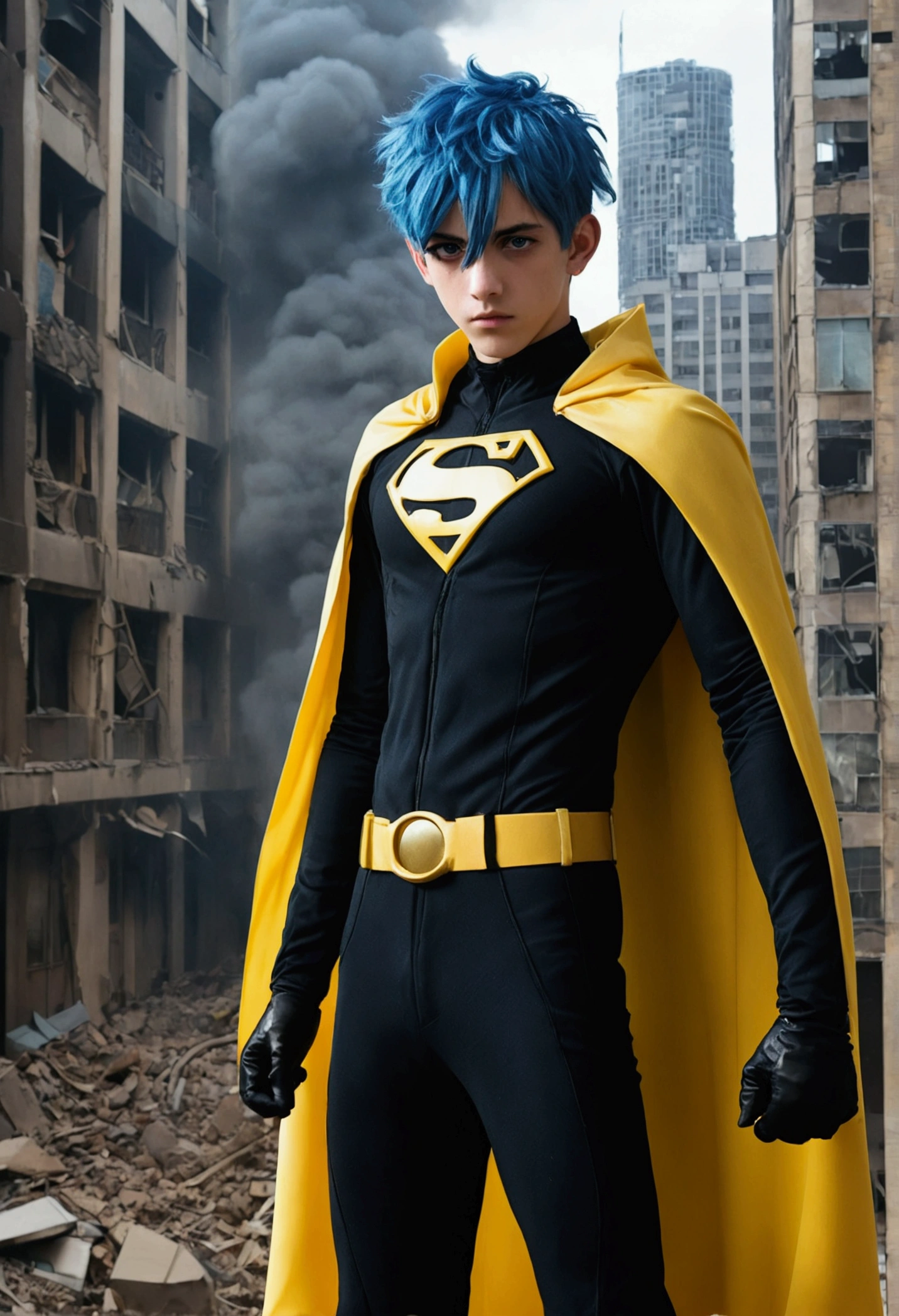 *********** male with blue hair and black eyes., He wears a black superhero costume resembling a spy outfit and has a tattered yellow cape., A shadowy aura appeared behind him., He climbed back up the building and watched the city crumble., anime, novel cover