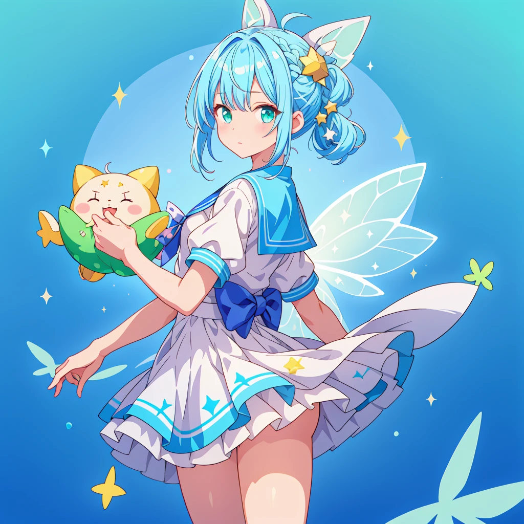 1girl、Standing in front of the viewer、Original, unique and cute hairstyle、Star Fairy、Star incarnation、Character design front view、A picture facing the viewer、(((Super detailed、Highest quality、Masterpiece)))、Milky white and blue hair color、Simple Green Background、vtuber-fullbody,White sailor suit、