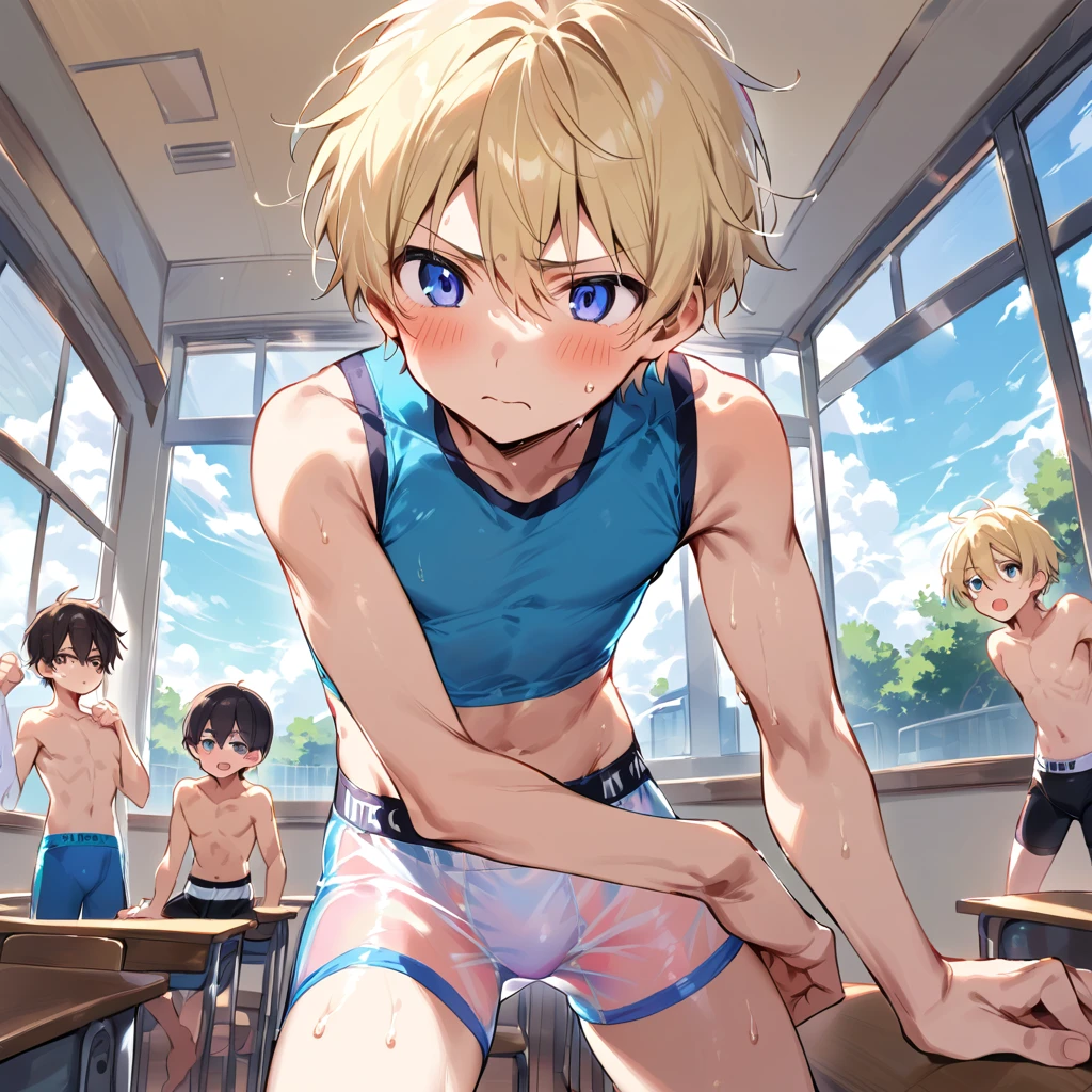 software, software version, masterpiece, high quality, An absurd solution, Panorama, Digital Painting, Three boys, Adorable,Liveliness、生き生きしてAdorable, A cute boy, cute, , Shota, more Shota, Slightly muscular, No pants, No shirt, No coat, Character Focus.(Detailed Background:0.7), Male Focus, Human Male, (short hair, Blonde hair Blue eyes, Silver hair, golden eyes:1.2), (interior、classroom:1.1)Showing off his boxer briefs, The waistband of the boxer briefs「shota」it is written like this, athletic boxer briefs, Suggestive posture, Small bulge in boxer briefs, Cute bulge, cute boxer briefs, Cute boxer briefs designs, Pink Heart, Yellow star, long boxer briefs, see-through boxer briefs, More see-through, Translucent boxer briefs, More transparent, colorful boxer briefs, very colorful boxer briefs, Multicolored boxer briefs, Brightly colored boxer briefs, Tight boxer briefs, skin Tight boxer briefs, A tense look, Worried look, Embarrassing, sweating, sweating more, blush, blush more,