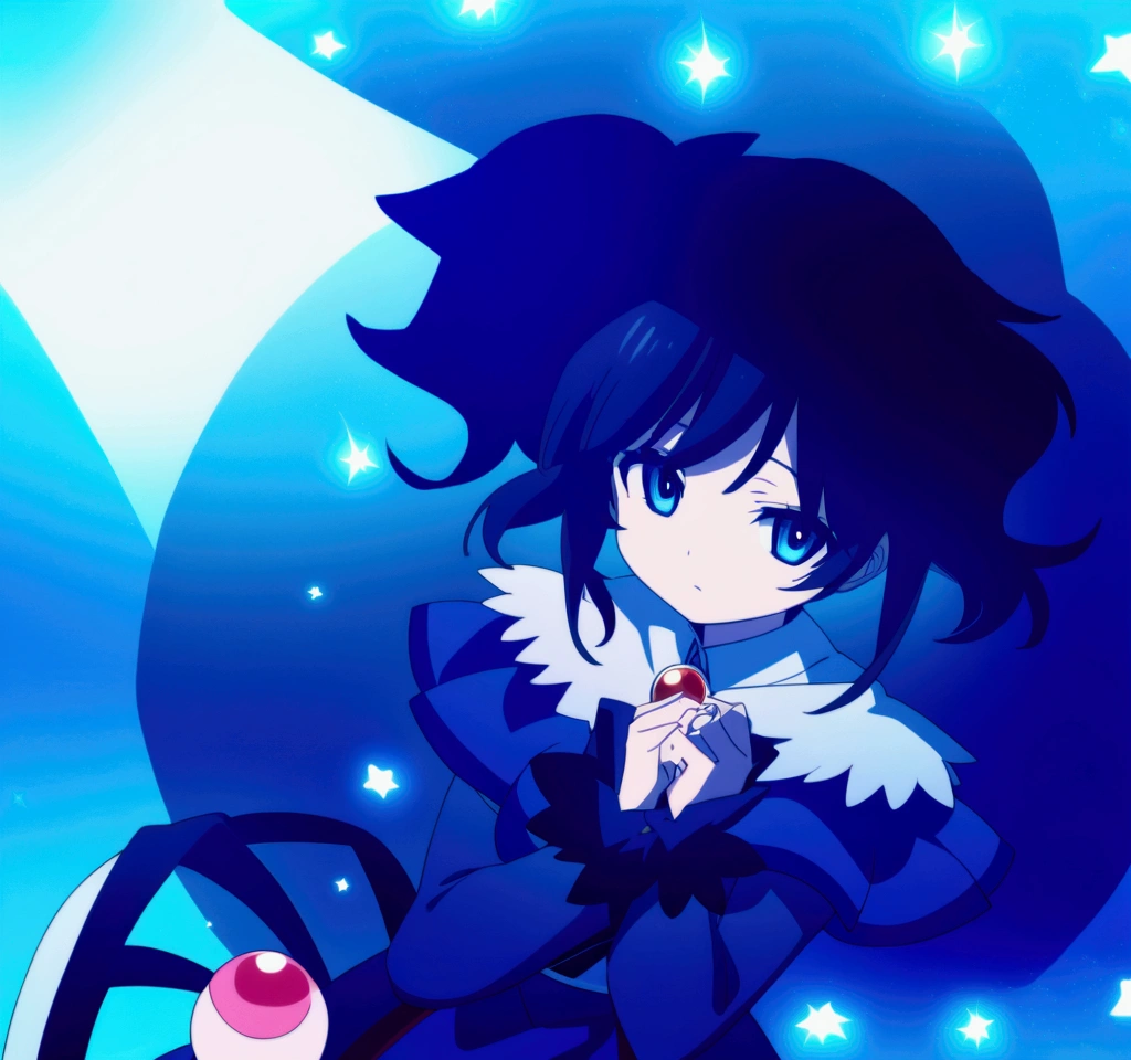 Anime girl with blue hair and blue dress, blue aura, from toho, ulcer toho, ulcer, ulcer from toho, toho character, an anime portrait of ulcer, toho, dreamy psychedelic anime, magical girl anime Mahou Shojo, Fubuki, an aura of magic around her, black-haired magician