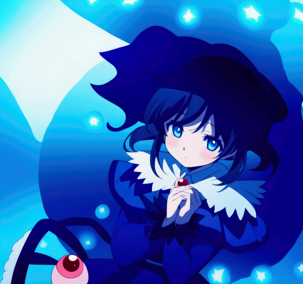 Anime girl with blue hair and blue dress, blue aura, from toho, ulcer toho, ulcer, ulcer from toho, toho character, an anime portrait of ulcer, toho, dreamy psychedelic anime, magical girl anime Mahou Shojo, Fubuki, an aura of magic around her, black-haired magician