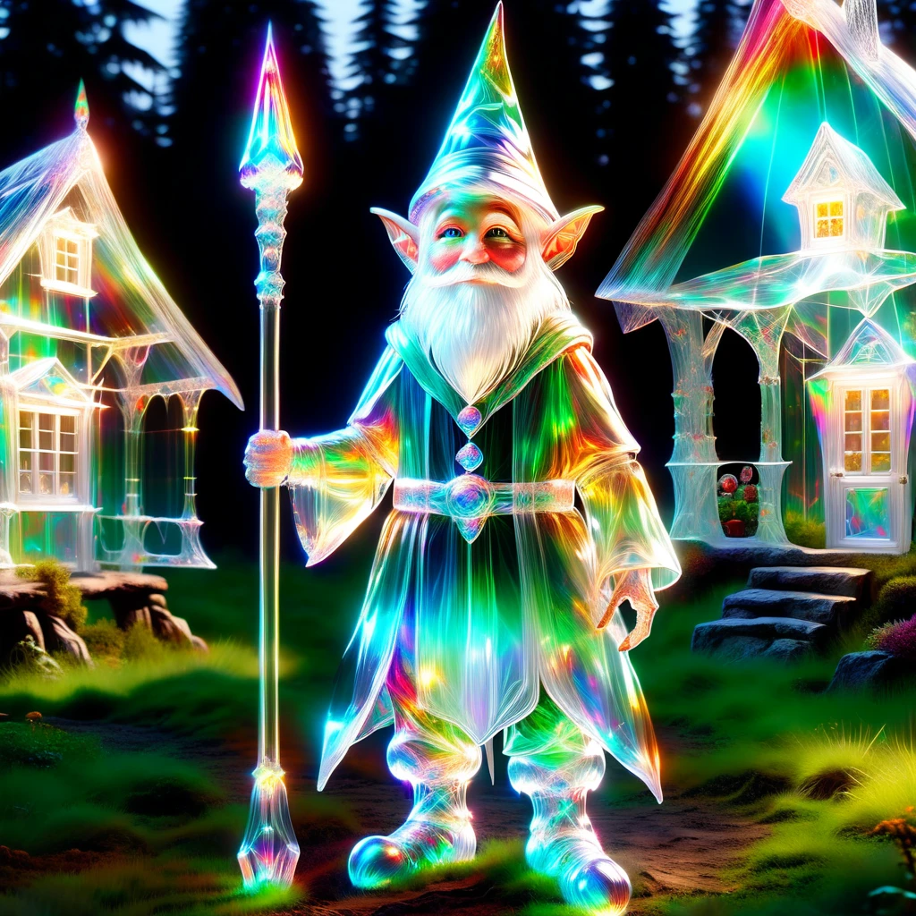 hyper detailed masterpiece, dynamic realistic digital art, incredible quality,transparentes, translucent elf, little gnome creature, long white beard, Pointy hat , practical rustic clothing, Carry a staff, guardian of the house and farm, Good luck, protection DonMSp3ctr4lXL