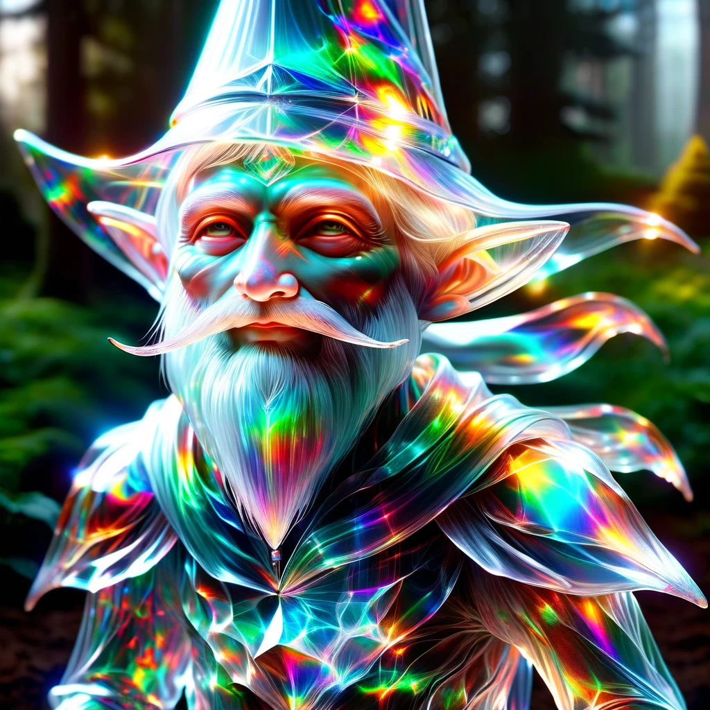 hyper detailed masterpiece, dynamic realistic digital art, incredible quality,transparentes, translucent elf, little gnome creature, long white beard, Pointy hat , practical rustic clothing, Carry a staff, guardian of the house and farm, Good luck, protection DonMSp3ctr4lXL