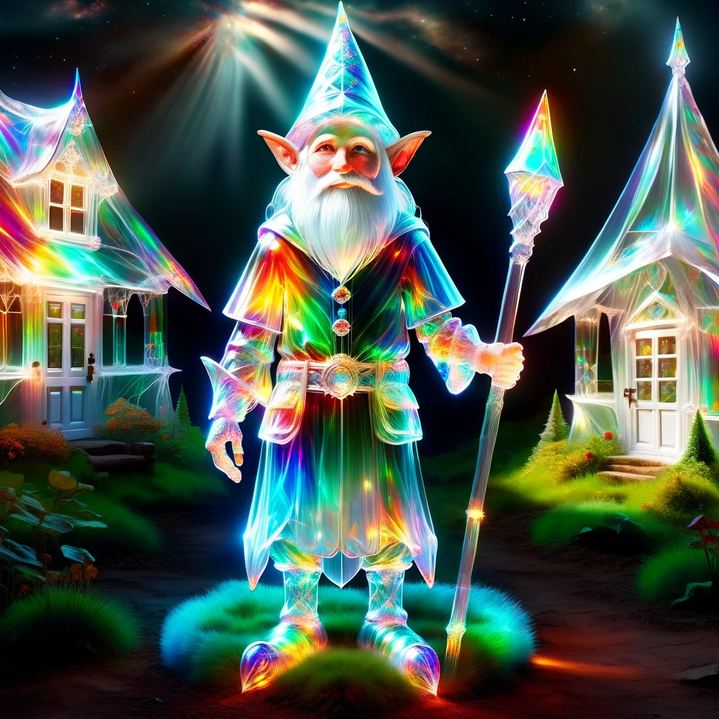 hyper detailed masterpiece, dynamic realistic digital art, incredible quality,transparentes, translucent elf, little gnome creature, long white beard, Pointy hat , practical rustic clothing, Carry a staff, guardian of the house and farm, Good luck, protection DonMSp3ctr4lXL