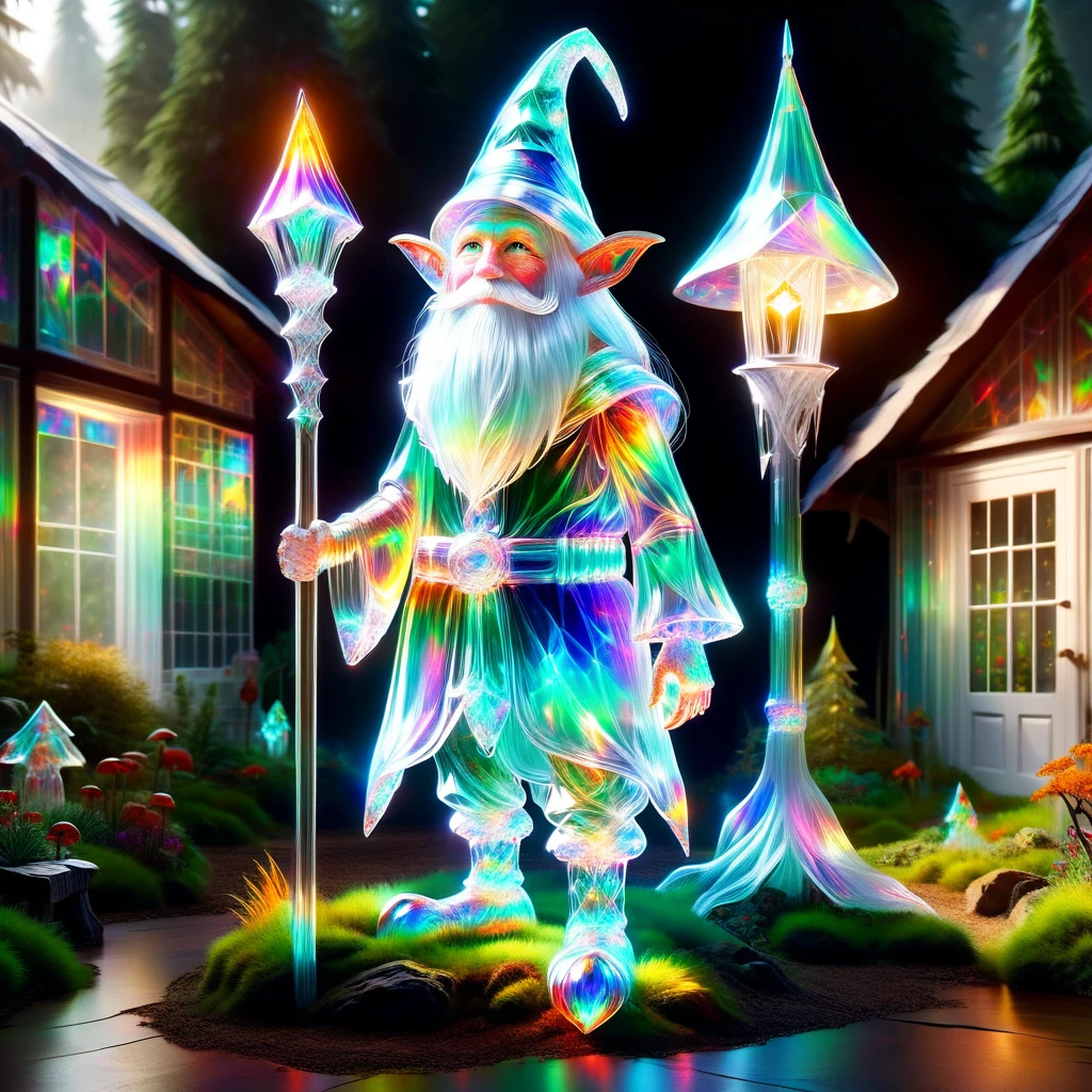 hyper detailed masterpiece, dynamic realistic digital art, incredible quality,transparentes, translucent elf, little gnome creature, long white beard, Pointy hat , practical rustic clothing, Carry a staff, guardian of the house and farm, Good luck, protection DonMSp3ctr4lXL