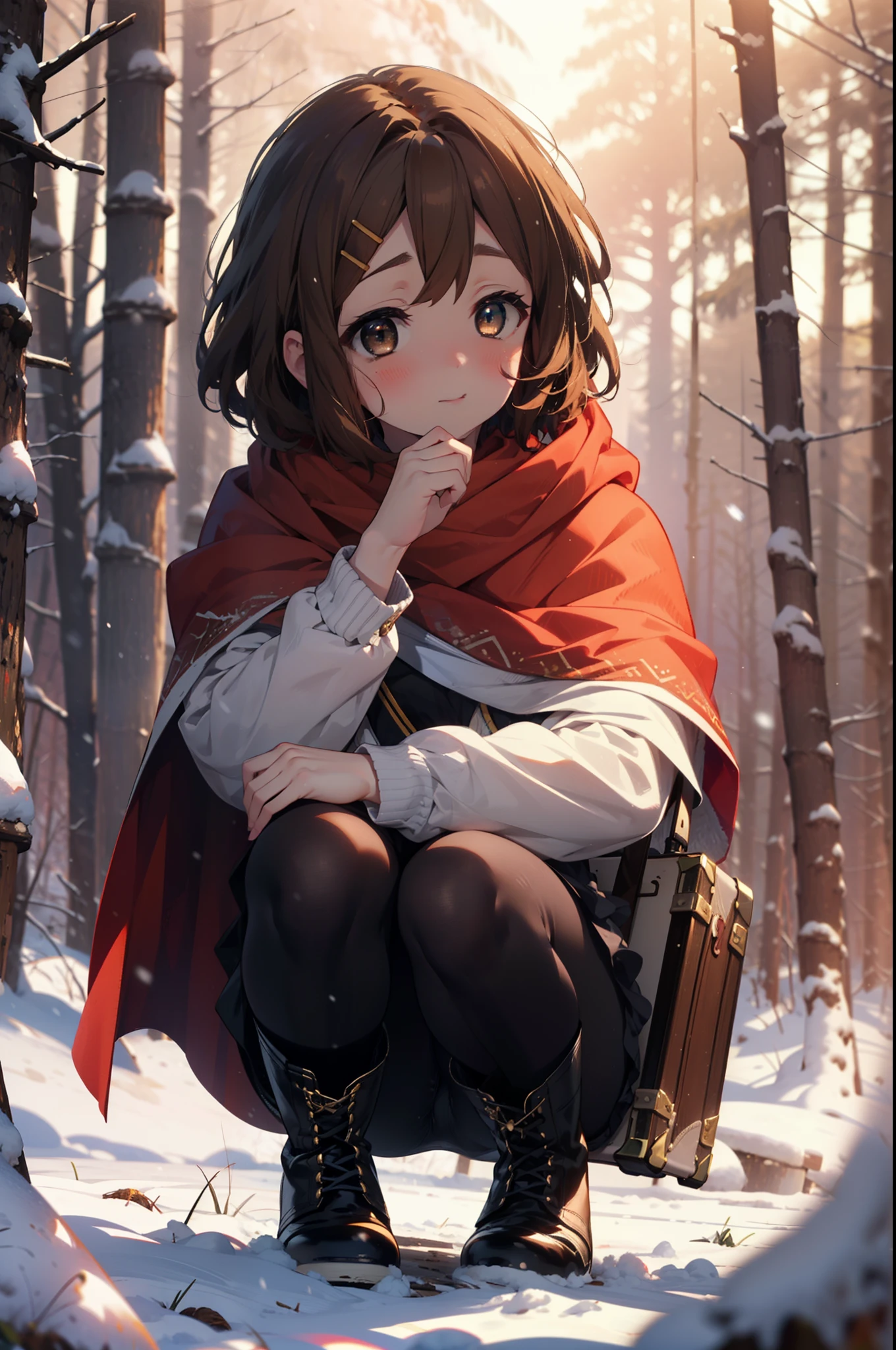 yuihirasawa, Yui Hirasawa, short hair, Brown Hair, hair ornaments, (Brown eyes:1.5), Hair Clip、smile,smile,blush,white breath,
Open your mouth,snow,Ground bonfire,, Outdoor, boots, snowing, From the side, wood, suitcase, Cape, Blurred, , forest, White handbag, nature, Squat, Mouth closed, Cape, winter, Written boundary depth, Black shoes, red Cape break looking at viewer, Upper Body, whole body, break Outdoor, forest, nature, break (masterpiece:1.2), Highest quality, High resolution, unity 8k wallpaper, (shape:0.8), (Beautiful and beautiful eyes:1.6), Highly detailed face, Perfect lighting, Highly detailed CG, (Perfect hands, Perfect Anatomy),
