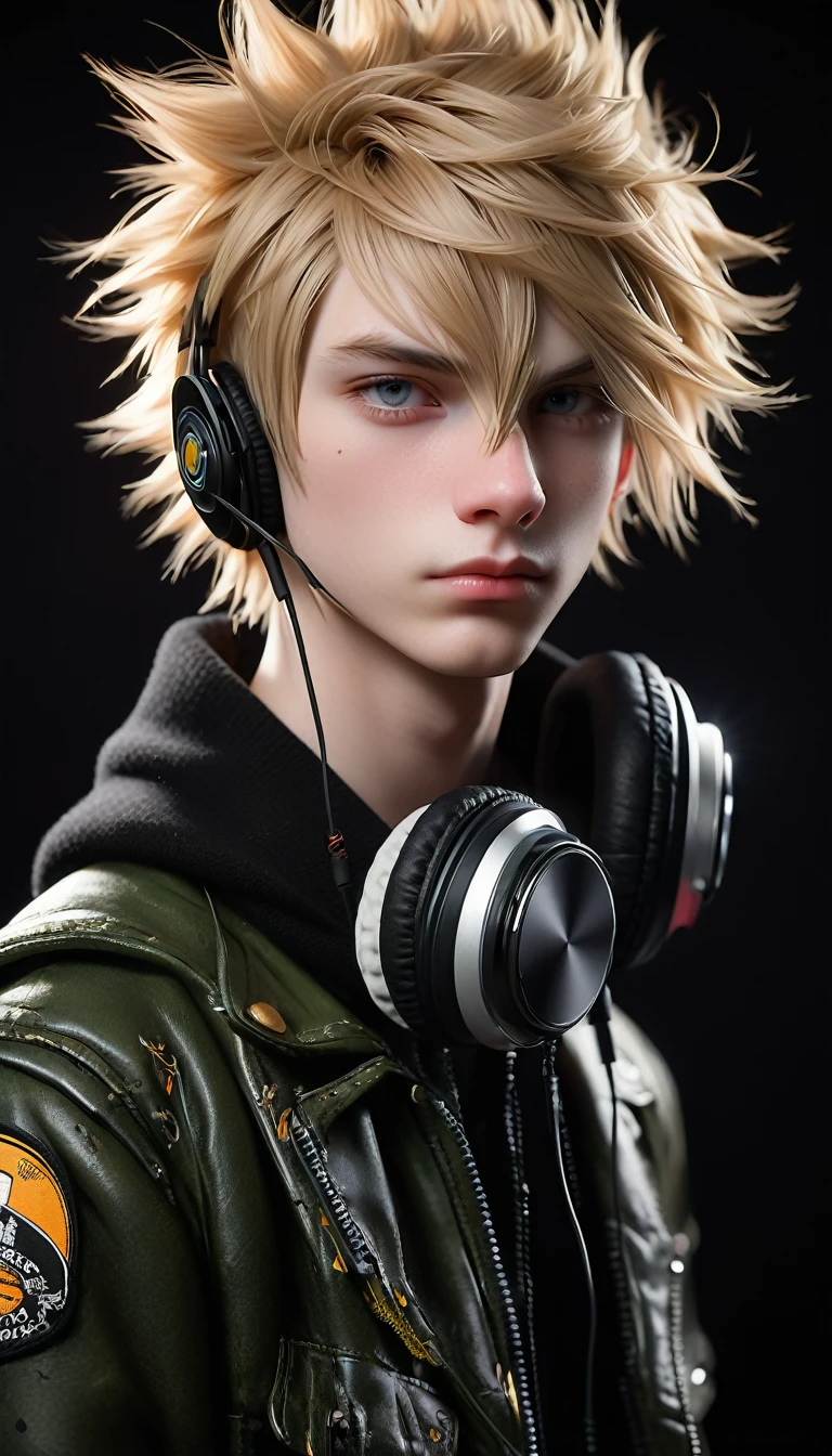 Meticulous, analog style, focus on the eyes, highest quality, (highly detailed skin), photo of very handsome pale skin Dutch punk boy, 21 years old, (wearing headphones), perfect face, pore skin, (penetration:0.5), black background, (bokeh:0.6), sharp focus, grainy lighting, (backlight:0.7), film grain, photographed with Sony A7R IV camera, 18mm F/1.7 cine lens, (highly detailed, intricate detail), 8k, HDR, front view, (upper body: 0.9)