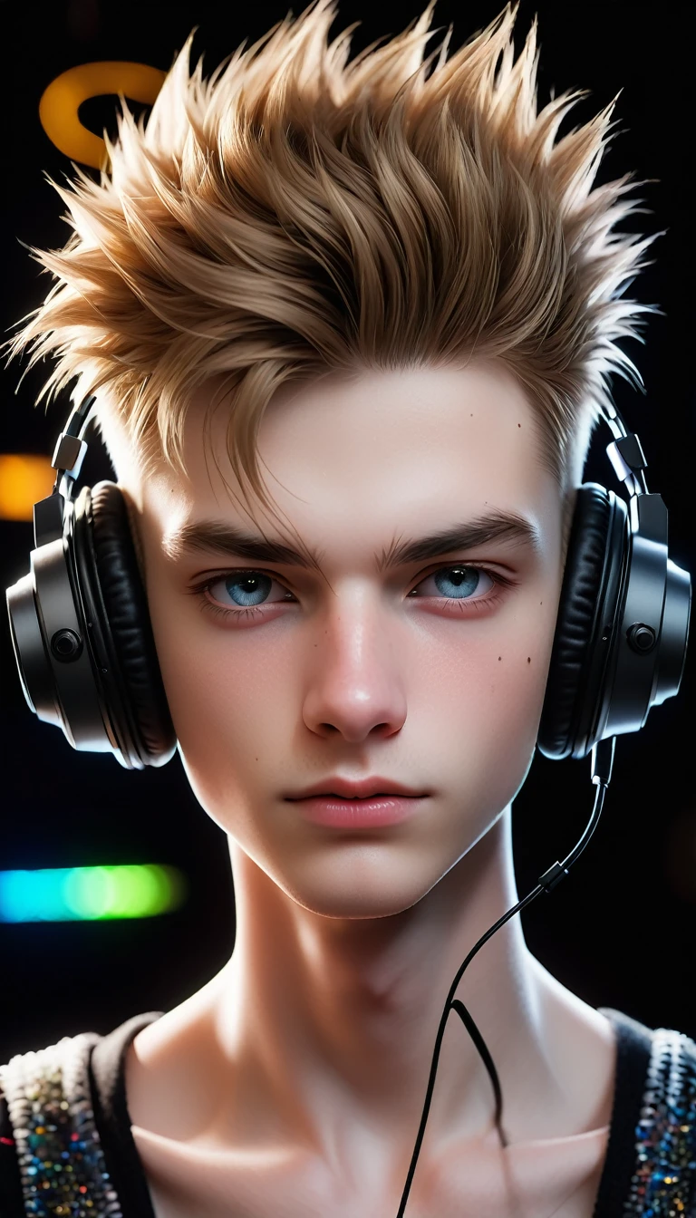 Meticulous, analog style, focus on the eyes, highest quality, (highly detailed skin), photo of very handsome pale skin Dutch punk boy, 21 years old, (wearing headphones), perfect face, pore skin, (penetration:0.5), black background, (bokeh:0.6), sharp focus, grainy lighting, (backlight:0.7), film grain, photographed with Sony A7R IV camera, 18mm F/1.7 cine lens, (highly detailed, intricate detail), 8k, HDR, front view, (upper body: 0.9)