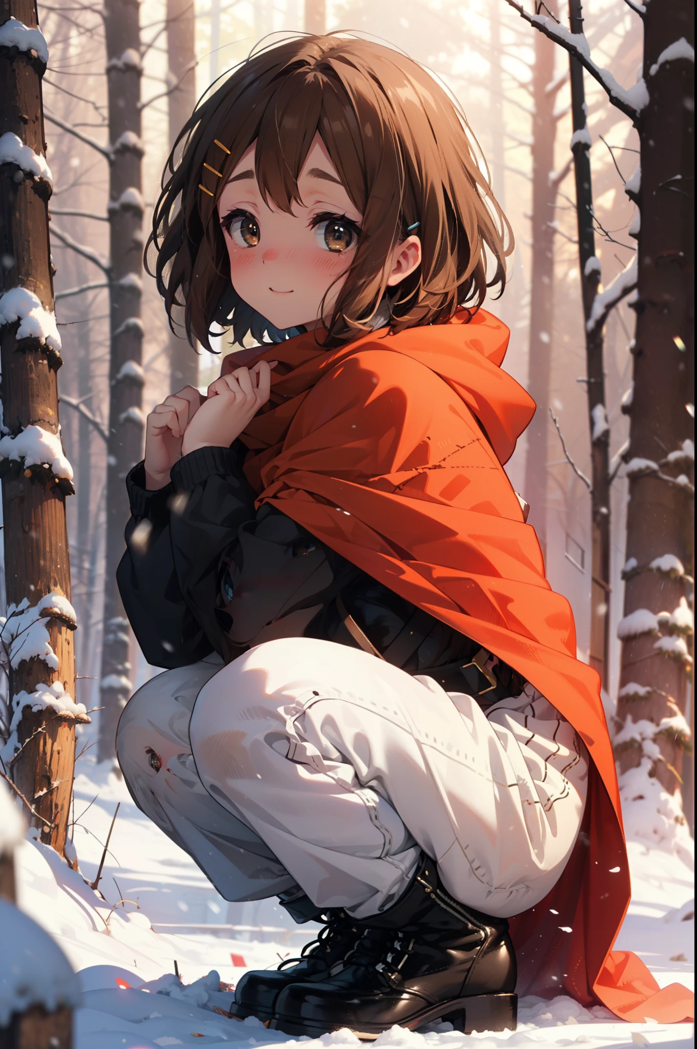 yuihirasawa, Yui Hirasawa, short hair, Brown Hair, hair ornaments, (Brown eyes:1.5), Hair Clip、smile,smile,blush,white breath,
Open your mouth,snow,Ground bonfire,, Outdoor, boots, snowing, From the side, wood, suitcase, Cape, Blurred, , forest, White handbag, nature,  Squat, Mouth closed, Cape, winter, Written boundary depth, Black shoes, red Cape break looking at viewer, Upper Body, whole body, break Outdoor, forest, nature, break (masterpiece:1.2), Highest quality, High resolution, unity 8k wallpaper, (shape:0.8), (Beautiful and beautiful eyes:1.6), Highly detailed face, Perfect lighting, Highly detailed CG, (Perfect hands, Perfect Anatomy),