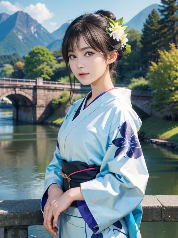 (Highest quality、 8k 、masterpiece、High resolution)、(whole body)、Vibrant colors、Brown-black bob、Traditional round topknot、Ample breasts、(Highly detailed face and eyes、Beautiful Face、Beautiful Eyes、Beautiful nose、Pretty lips)、 (Beautiful woman standing on a riverside observation deck)、(A friendly gaze)、(Oh!！Facial expression that)、(Vivid floral patterned kimono)、Official Art、  The background is a wide river、Nearby bridge、Riverside streetscape、Mountains in the distance、Detailed CG、