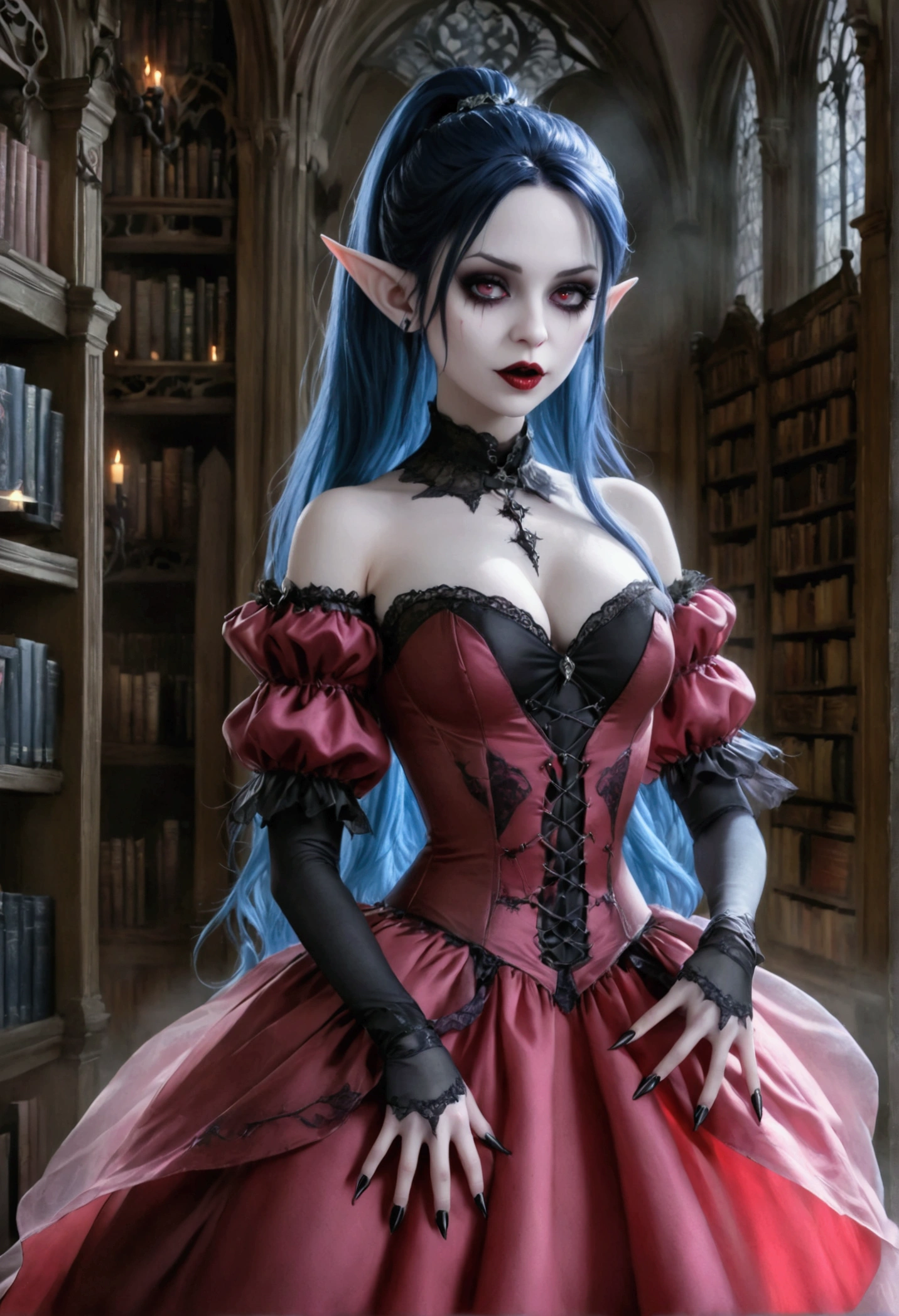 arafed a picture of elf vampire in her castle. an exquisite beautiful, busty, female elf vampire (ultra details, Masterpiece, best quality), full body, ((anatomically correct: 1.5) bloody mouth, (black and blue hair: 1.3), pale skin, hair in a ponytail, long hair, (silver: 1.3) eyes, (small pointed ears: 1.2), cold eyes, smirking, wearing dark pink dress (ultra details, Masterpiece, best quality), red cloak, wearing high heels, in dark fantasy library, book shelves, vibrant, Ultra-high resolution, High Contrast, (masterpiece:1.5), highest quality, Best aesthetics), best details, best quality, highres, ultra wide angle, 16k, [ultra detailed], masterpiece, best quality, (extremely detailed) RAW, dark fantasy art, gothic art, wearing Haute_Couture designer dress, Hyperrealism style, goth, elf, goth person