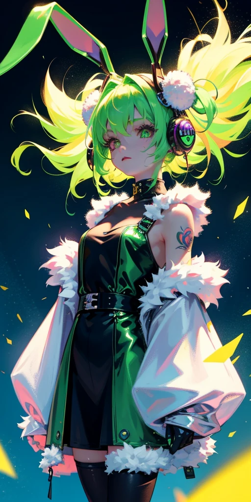 Rabbit technique , Science Fiction, Fluffy ,
1 girl, Tattoo, Glowing tattoo, Glowing eyes, Colorful glowing hair , Full body love, Green Hair,
Kawaiitech, Soft colors, Kawaii, Lovely colors,