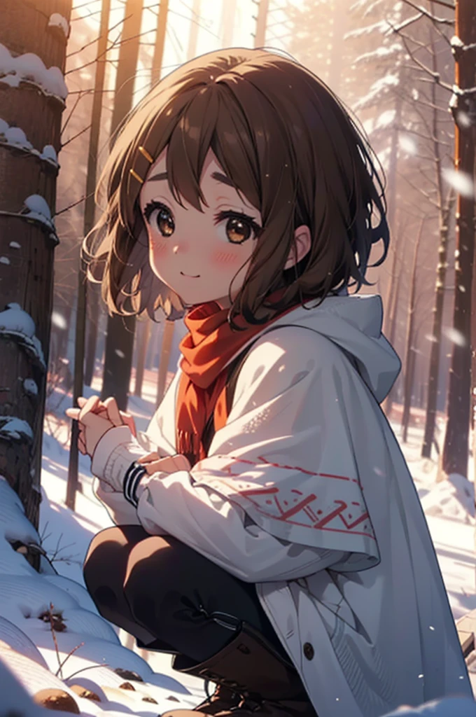 yuihirasawa, Yui Hirasawa, short hair, Brown Hair, hair ornaments, (Brown eyes:1.5), Hair Clip、smile,smile,blush,white breath,
Open your mouth,snow,Ground bonfire,, Outdoor, boots, snowing, From the side, wood, suitcase, Cape, Blurred, , forest, White handbag, nature,  Squat, Mouth closed, Cape, winter, Written boundary depth, Black shoes, red Cape break looking at viewer, Upper Body, whole body, break Outdoor, forest, nature, break (masterpiece:1.2), Highest quality, High resolution, unity 8k wallpaper, (shape:0.8), (Beautiful and beautiful eyes:1.6), Highly detailed face, Perfect lighting, Highly detailed CG, (Perfect hands, Perfect Anatomy),