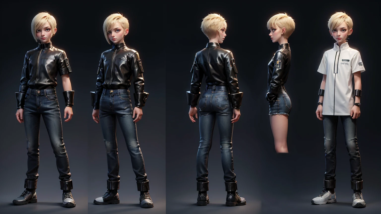 game boy, wearing a futuristic gaming dress like jeans and shirt in black color,, blond hairs, futuristic dress, gaming full straight standing pose, 14yo student, , Full body, boy, , gaming boy, Simple plain background, HD, standing, modern futuristic dress, front view, modern dresses, unique, Buzz Cut hair style, short hairs. +3 View prompt standing, 3 View Drawings, side and Front and back, Character Sheet, Full body, Simple white background, character reference sheet, Concept art, design sheet, Character Design, full body adoptable horizontal clear charcter style sheet boy
