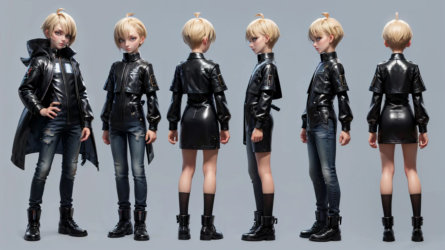 game boy, wearing a futuristic gaming dress like jeans and shirt in black color,, blond hairs, futuristic dress, gaming full straight standing pose, 14yo student, , Full body, boy, , gaming boy, Simple plain background, HD, standing, modern futuristic dress, front view, modern dresses, unique, Buzz Cut hair style, short hairs. +3 View prompt standing, 3 View Drawings, side and Front and back, Character Sheet, Full body, Simple white background, character reference sheet, Concept art, design sheet, Character Design, full body adoptable horizontal clear charcter style sheet boy