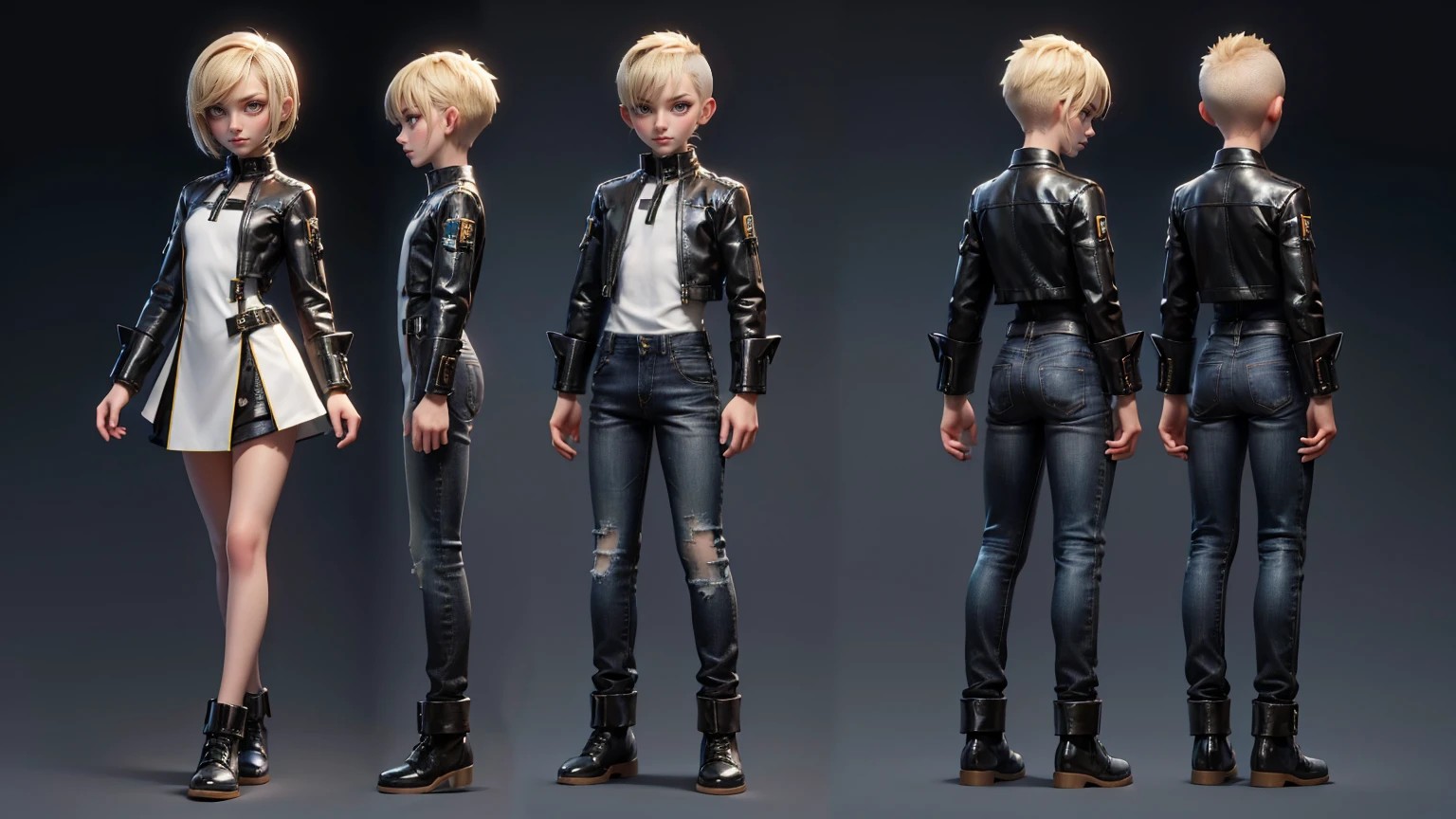 game boy, wearing a futuristic gaming dress like jeans and shirt  in  black color,, blond hairs, futuristic dress, gaming full straight standing pose, 14yo student, , Full body, boy, , gaming boy, Simple plain background, HD, standing, modern futuristic dress, front view, modern dresses, unique, Buzz Cut hair style, short hairs. +3 View prompt standing, 3 View Drawings, side and Front and back, Character Sheet, Full body, Simple white background, character reference sheet, Concept art, design sheet, Character Design, full body adoptable horizontal clear charcter style sheet boy