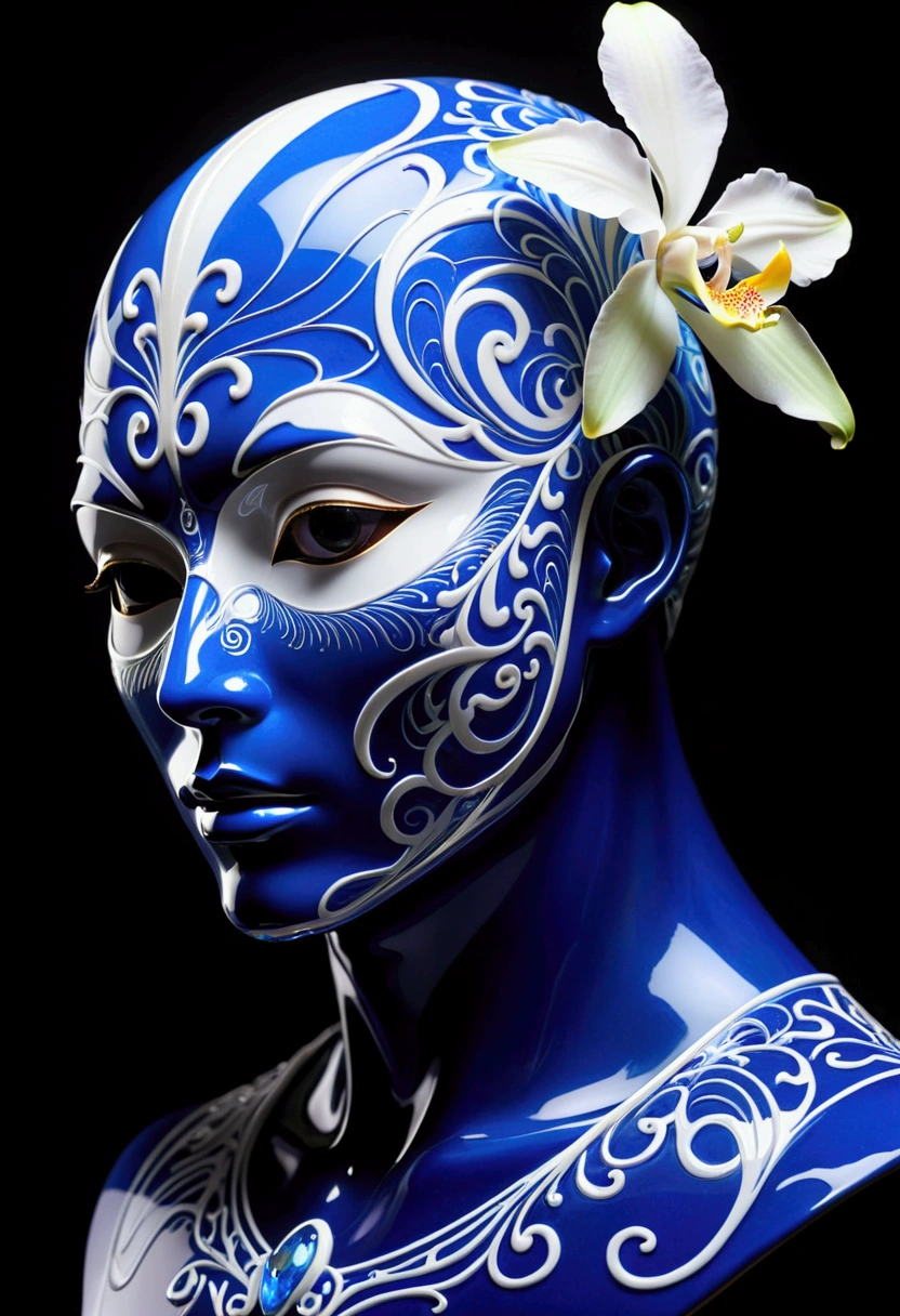 (masterpiece), (best quality), (Super Detail), nothingness, Psychedelic, Blue and white porcelain mask, Colored swirls, orchid, Beautiful and expressive,Layered Outlines，Depth and size，Creative Expression，translucent form，Crystal structure，glowing lines，Fluorescence，Glow Example，Tracking Example，flash，Fluorescence particles，Backlight，translucent，Light particle blur，Lighting Effects