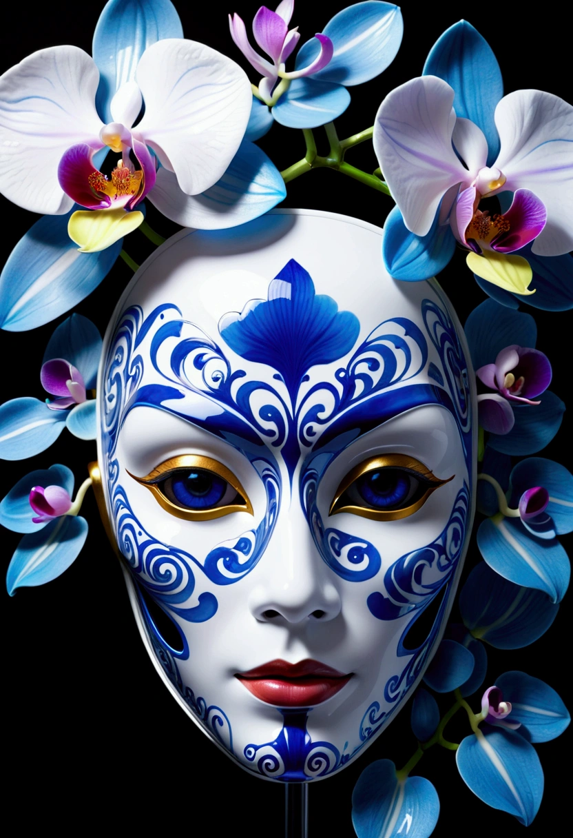 (masterpiece), (best quality), (Super Detail), nothingness, Psychedelic, Blue and white porcelain mask, Colored swirls, orchid, Beautiful and expressive,Layered Outlines，Depth and size，Creative Expression，translucent form，Crystal structure，glowing lines，Fluorescence，Glow Example，Tracking Example，flash，Fluorescence particles，Backlight，translucent，Light particle blur，Lighting Effects