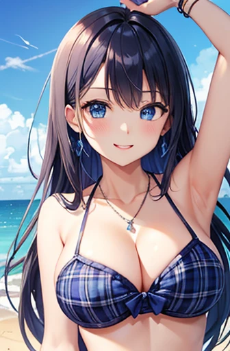 Highest quality、Highest quality、masterpiece、(8k),beauty(Age 25)、Navy blue long hair、blue eyes、Sexy Bikini(Plaid)、Big cleavage、(Big Breasts)、smile、blue necklace、Blue Earrings、background(Beach)、Please open your mouth wide、Plaidのリボンで髪を結ぶ、bracelet、Dynamic pose