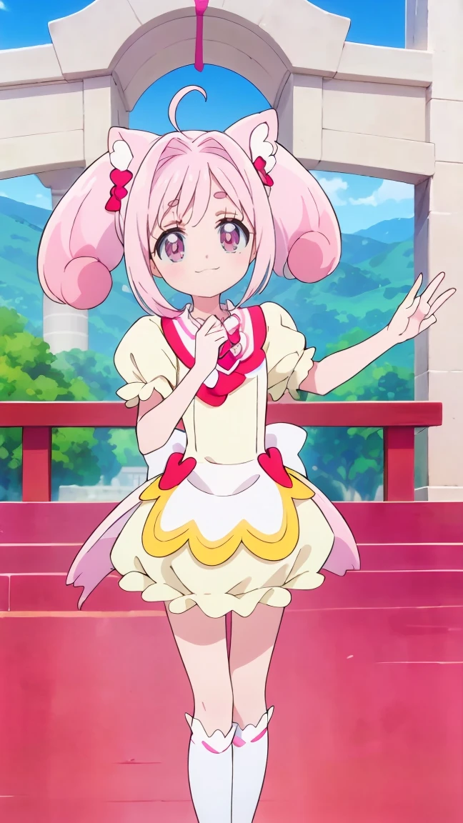 (8k、Ultra-high resolution、Highest quality、Ultra-high resolution、Official Art:1.5,Official Art),(Watching the audience), alone, smile, ((Pink Knee Socks)),(Are standing/Are standing in honor),Beautiful Hair, Beautiful Face, Beautiful and beautiful eyes, Beautiful clavicle, Beautiful body, Beautiful legs, Beautiful fingers,
(Beautiful views),smile),((front:1.5)), Bangs straight,blue sky,Kome-Kome (from Delicious Party♡Pretty Cure),(((Cute official uniform))),