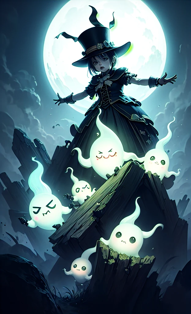 masterpiece, Highest quality, Explore a haunted theme park, haunted by cute chibi ghosts, cute, Whimsical, Shine, Shineing, fun, Stupid, Mysterious, Magic, Mysterious, funny, interesting、Only ghosts