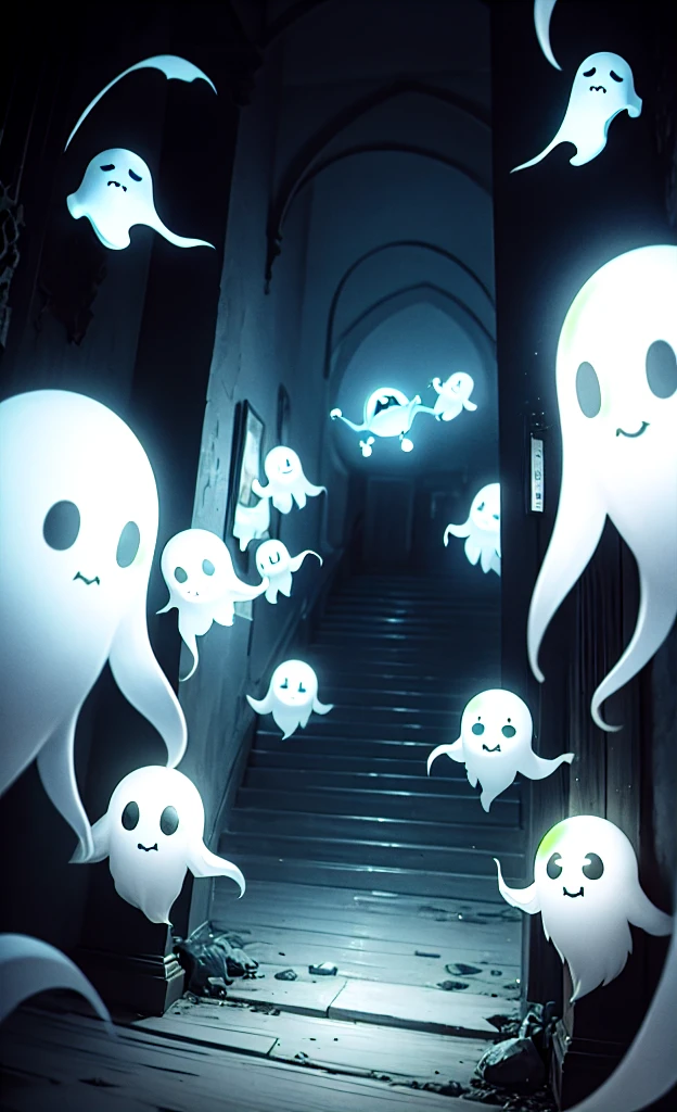 masterpiece, Highest quality, Explore a haunted theme park, haunted by cute chibi ghosts, cute, Whimsical, Shine, Shineing, fun, Stupid, Mysterious, Magic, Mysterious, funny, interesting、Only ghosts