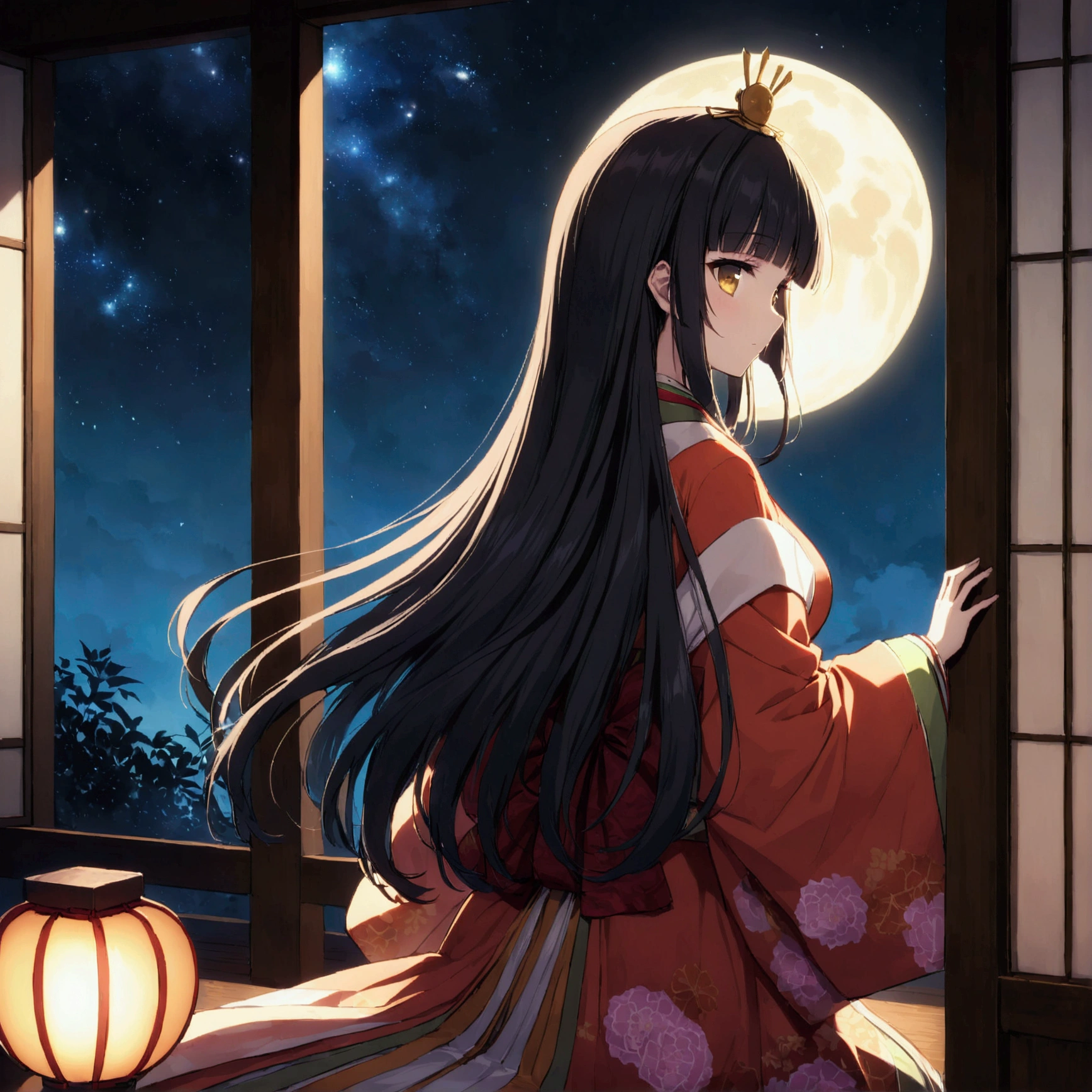 The World of Kaguyahime, hinamatsuri ohinasama, (heian red:1.1) japanese clothes, wide sleeves, red (karaginumo:1.1), layered kimono, 1girl solo, beautiful detailed hair, black hair (hime cut:1.2) very long hair spread out, (she sees full moon:1.3), (beautiful standing back view), wide shot, cinematic lighting, beautifully lit, starry sky, light particles, from behind, beautiful bamboos,