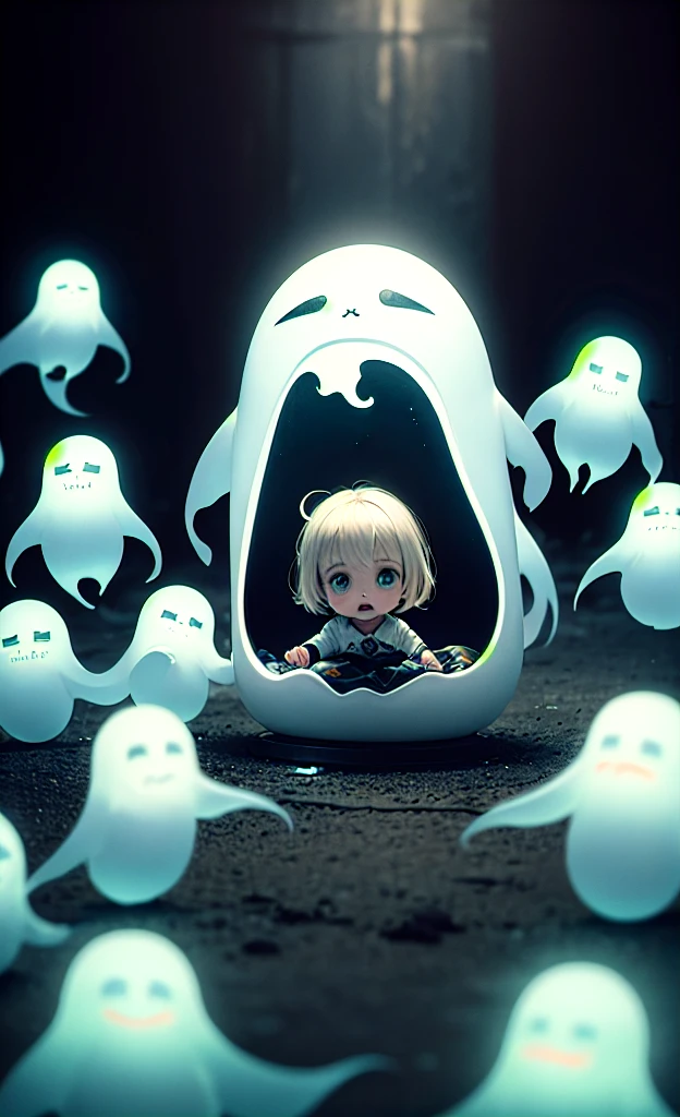 masterpiece, Highest quality, Explore a haunted theme park, haunted by cute chibi ghosts, cute, Whimsical, Shine, Shineing, fun, Stupid, Mysterious, Magic, Mysterious, fun, interesting、Ghost、カボチャGhost、pumpkin