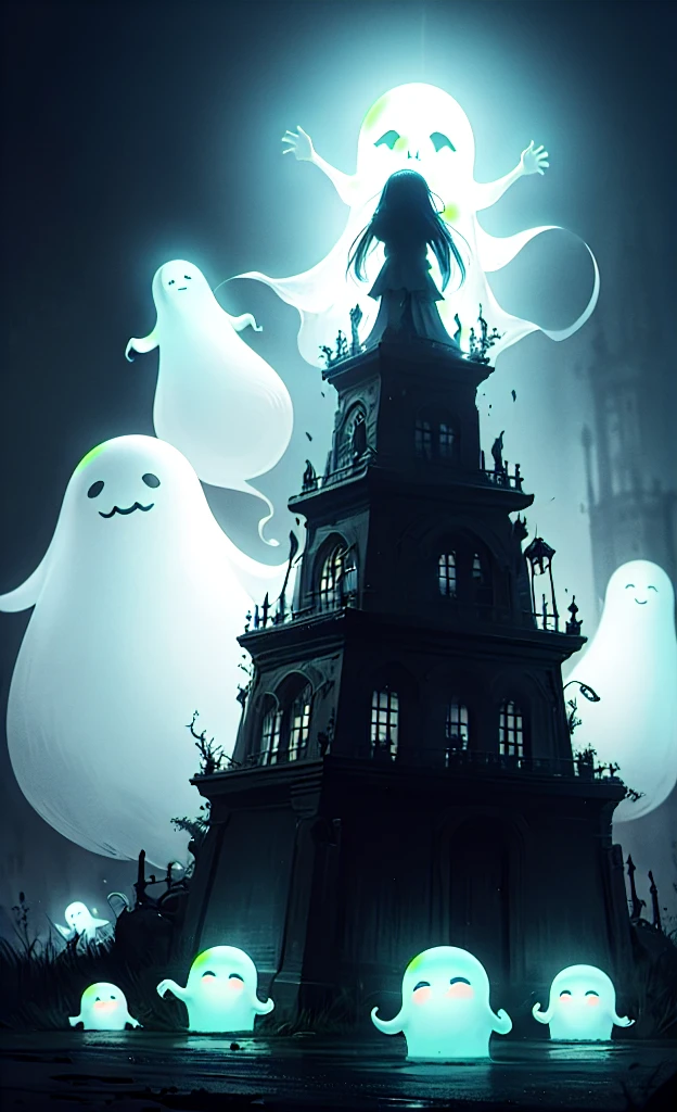 masterpiece, Highest quality,  Explore a haunted theme park, haunted by cute chibi ghosts, cute, Whimsical, Shine, Shineing, fun, Stupid, Mysterious, Magic, Mysterious, funny, interesting、Only ghosts