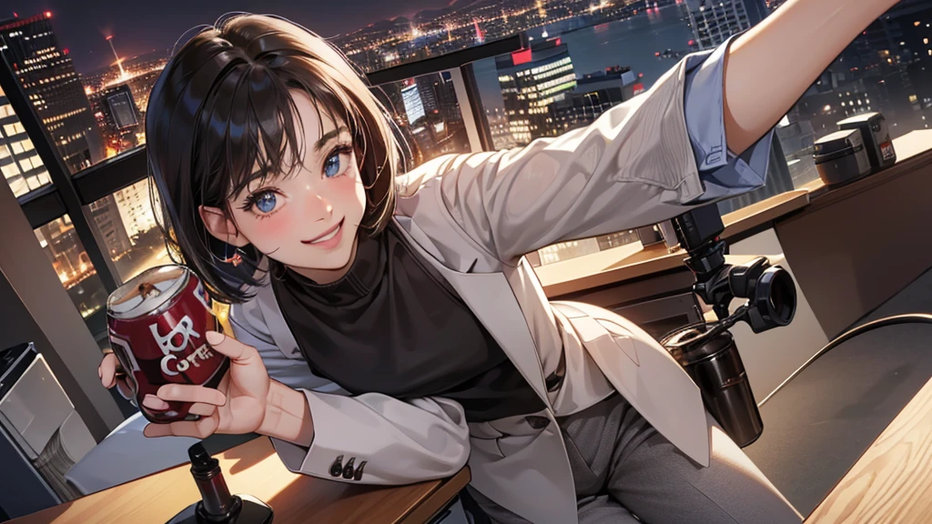 (perfect anatomy:1.2)(absurdres, highres, ultra detailed),masterpiece,best quality,high resolution,8k,Realistic face,Realistic skin texture,magnified textures, stunning clarity,detailed anime girl,(ultra detailed eyes and face),(1 girl:1.4),21 years old,office worker,black hair, bob cut,natural make,grey jacket,grey pants,black brouse,sparkling eyes.small nose,roundface,(it corporate office:1.3)standing,brown bag,(No one in the city office:.2),(night),（look at viewer),(giving you a can of coffee:1.6)(Happy Smile:1.4)(bashful:1.2)