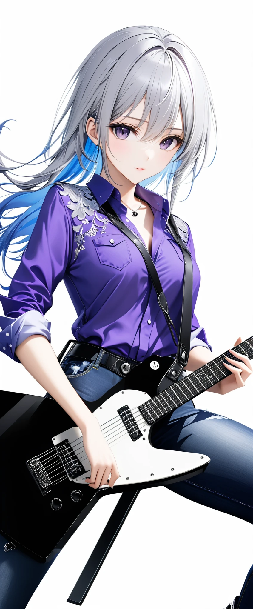 (((White background:1.5)))、(very wide shot)、(masterpiece、Ultra HD、Highest quality、Masterpiece、4K:1.2)、Slender body、Scandinavian metal girl playing a white electric guitar, A gentle gaze at the camera, Intricate details, Highly detailed eyes, Highly detailed fingers、(Purple shirt and jeans) 、Long silver hair、Wear black boots、(((Dynamic and lively pose:1.5)))、Perfect Style、8Head to Body、Playing guitar on stage、Live