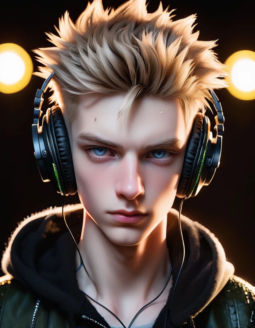 Meticulous, analog style, focus on the eyes, highest quality, (highly detailed skin), photo of very handsome pale skin Dutch punk boy, 21 years old, (wearing headphones), perfect face, pore skin, (penetration:0.5), black background, (bokeh:0.6), sharp focus, grainy lighting, (backlight:0.7), film grain, photographed with Sony A7R IV camera, 18mm F/1.7 cine lens, (highly detailed, intricate detail), 8k, HDR, front view, (upper body: 0.9)