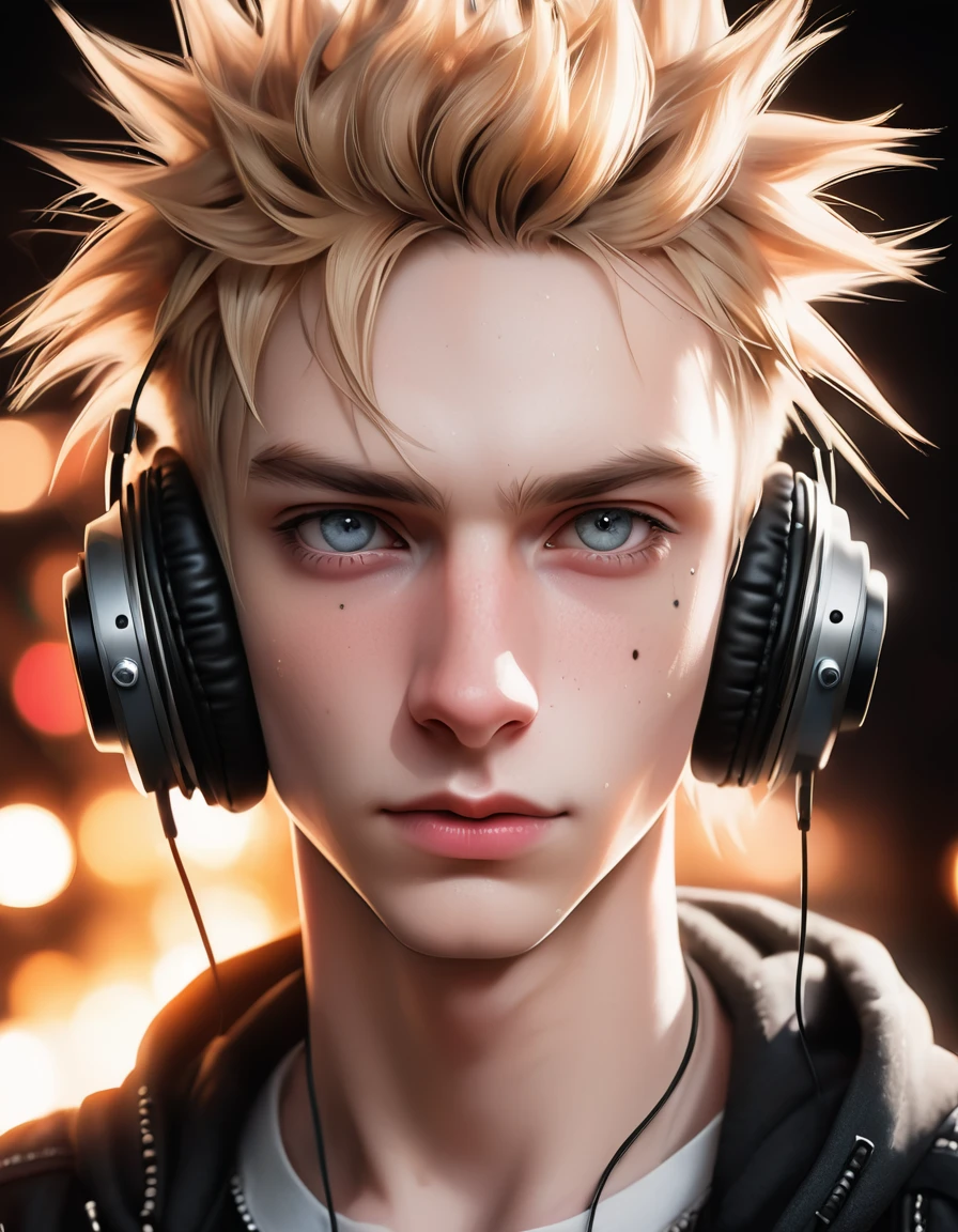 Meticulous, analog style, focus on the eyes, highest quality, (highly detailed skin), photo of very handsome pale skin Dutch punk boy, 21 years old, (wearing headphones), perfect face, pore skin, (penetration:0.5), black background, (bokeh:0.6), sharp focus, grainy lighting, (backlight:0.7), film grain, photographed with Sony A7R IV camera, 18mm F/1.7 cine lens, (highly detailed, intricate detail), 8k, HDR, front view, (upper body: 0.9)