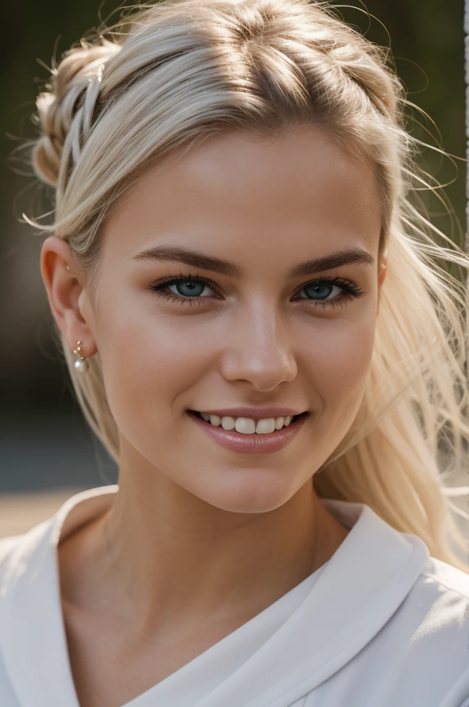 gorgeous, beautiful, 21 years old scandinavian, white hair in a bun, best portrait photo ever, men magazine portrait, beautiful smile, perfect teeth, seductive, flirty, face photo, best tourist attraction background, smiling, detailed skin, realistic, photo-realistic, 8k sharp focus, highly detailed, full length frame, High detail RAW color art, piercing, diffused soft lighting, shallow depth of field, sharp focus, hyperrealism, cinematic lighting