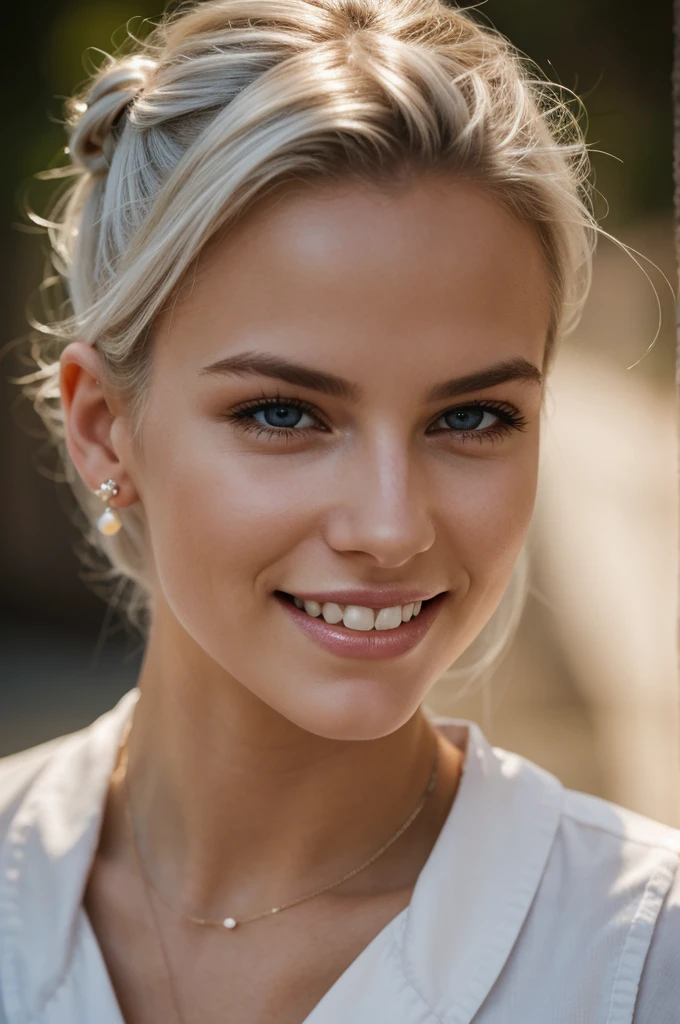 gorgeous, beautiful, 21 years old scandinavian, white hair in a bun, best portrait photo ever, men magazine portrait, beautiful smile, perfect teeth, seductive, flirty, face photo, best tourist attraction background, smiling, detailed skin, realistic, photo-realistic, 8k sharp focus, highly detailed, full length frame, High detail RAW color art, piercing, diffused soft lighting, shallow depth of field, sharp focus, hyperrealism, cinematic lighting