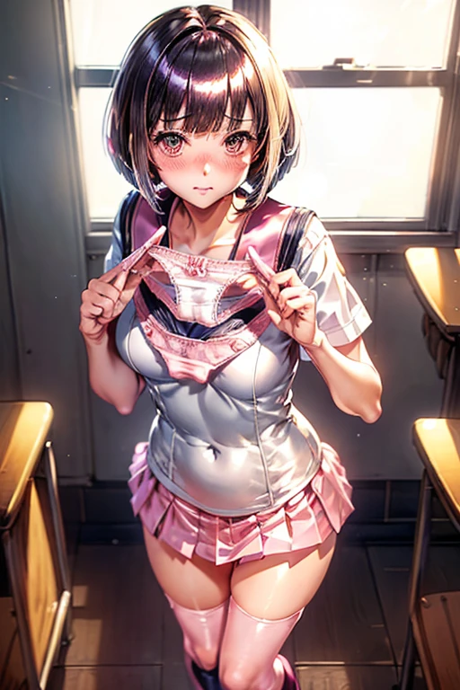 (((masterpiece, Highest quality, High resolution, 超High resolution, Pixel perfect, Written boundary depth, 4K, RTTX10.0))), Beautiful Anime Woman, Beautiful art style, Anime characters, ((Smooth texture, Realistic texture, Anime CG style)), Exact finger count、Exact number of legs、(Exact number of arms:1.0, Exact number of hands:1.0), (Perfect hands, Perfect Anatomy), Cinematic, Realistic, Highly detailed CG, Daytime lighting, Perfect lighting, Best Shadow, The best natural light, whole body, Perfectly balanced style, Perfectly balanced body, Slender body, whole body, ((bangs, Dark brown hair, Stylish and cute bob cut)), ((Cute woman standing、She is showing her panties in her hands:1.3)), (Fashionable white shirt, Sailor collar, Knee-high socks, loafers, Navy pleated mini skirt:1.3), ((Sexy and cute panties, (Stylish shiny satin pink panties:1.2), Small lace panties:1):1.3), (Beautiful and very large breasts:1.2), (Feeling embarrassed, (blush:1.2), (Embarrassed expression:1.5), (In the school classroom:1.5), Angle from the front, holding panties, Panties as a gift