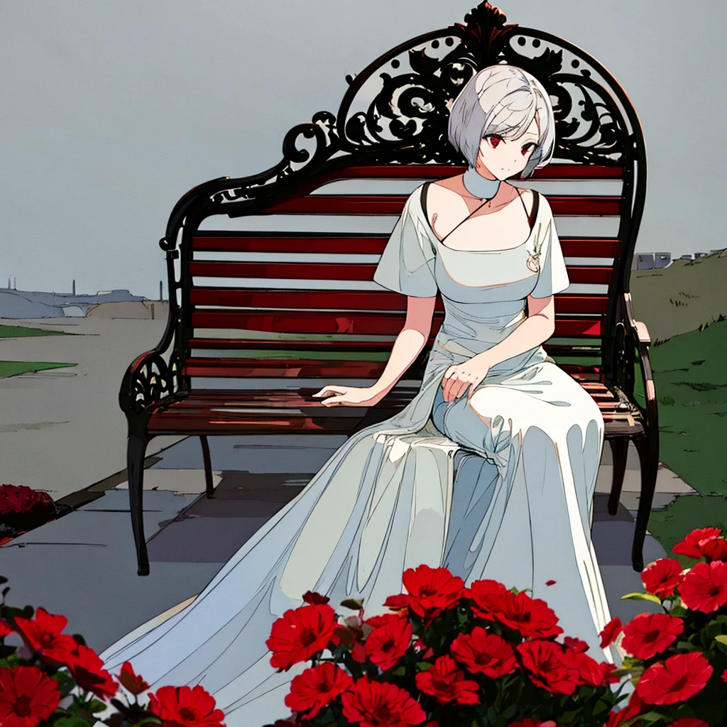 Light gray background, woman sitting on bench, silver hair, short hair, red flower