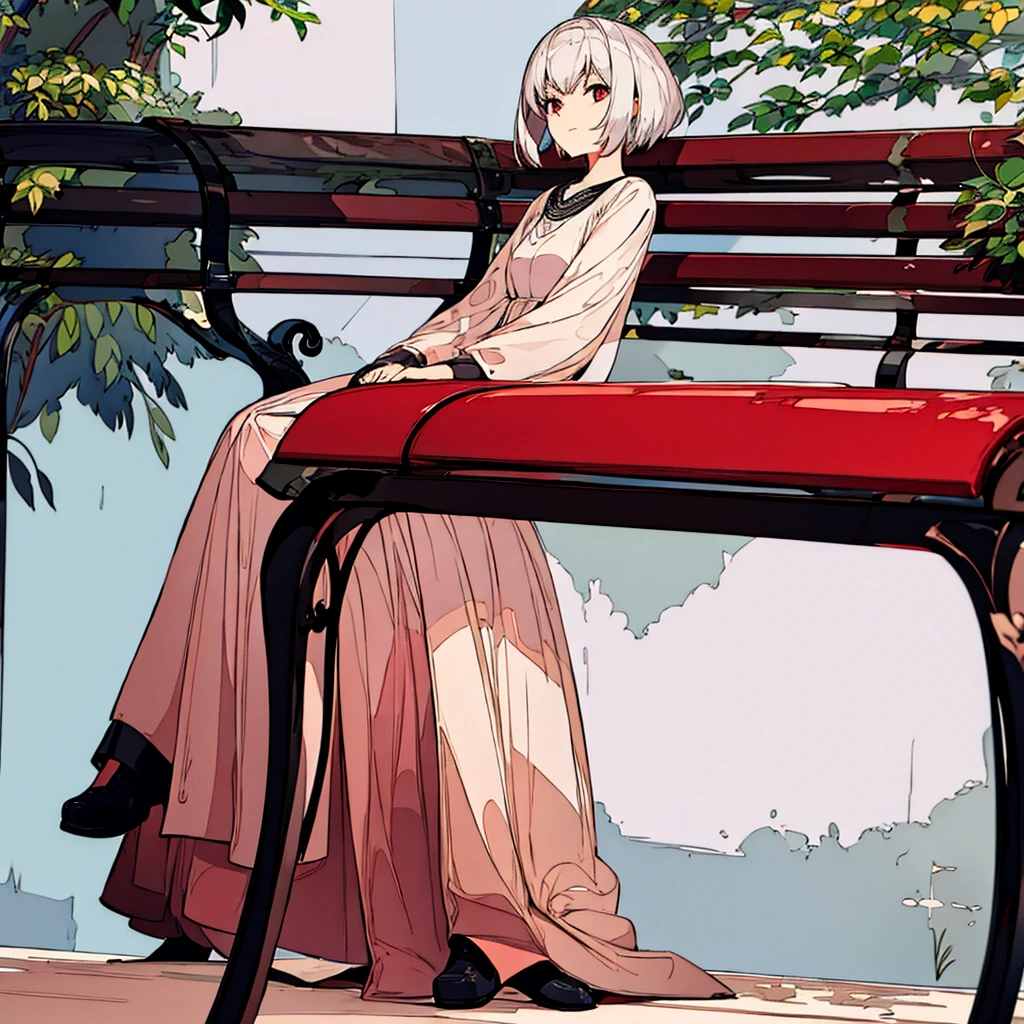 Light gray background, woman sitting on bench, silver hair, short hair, red flower