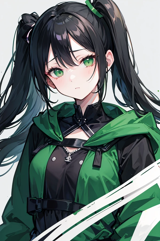 portrait, upper body face through torso, black hair, long wavy side ponytail, eromanga, half closed eyes, green eyes, boring face,dark green cloak, B cup