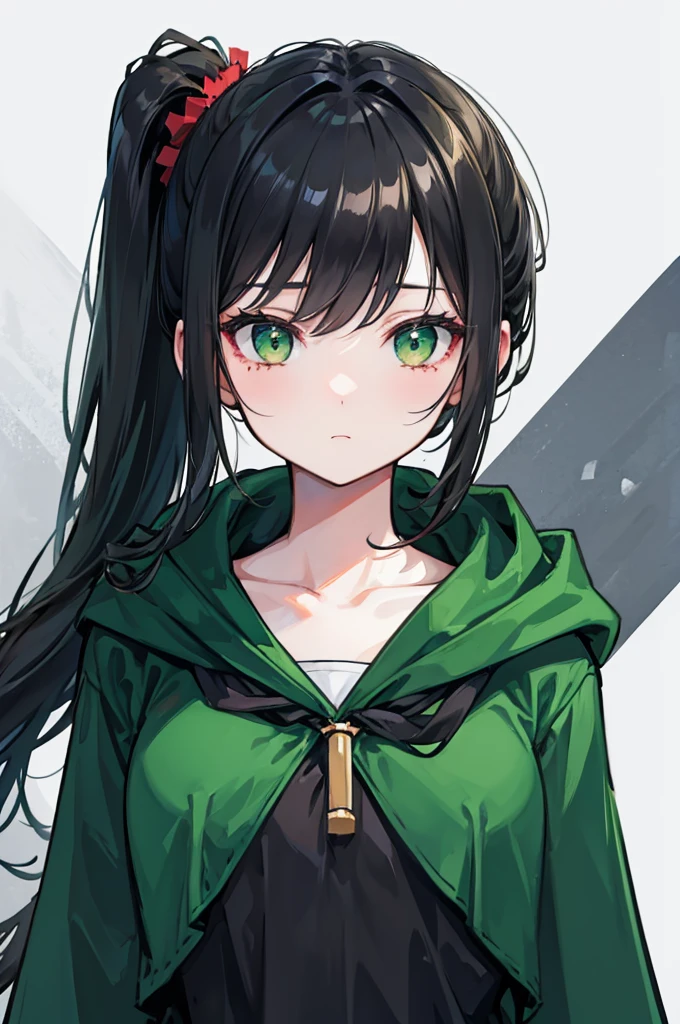 portrait, upper body face through torso, black hair, long wavy side ponytail, eromanga, half closed eyes, green eyes, boring face,dark green cloak, B cup