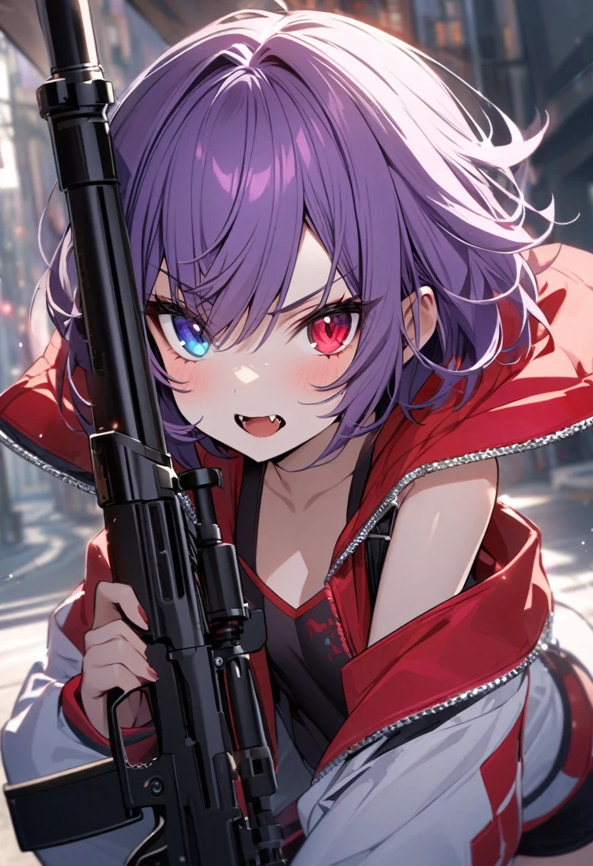 high resolution ,cute ,One Woman , Purple Hair, short hair , Fangs Beautiful Eyes ,Purple and red heterochromia ,♰Eyes and shoulders are protruding ,Jacket ,Possessing a sniper rifle