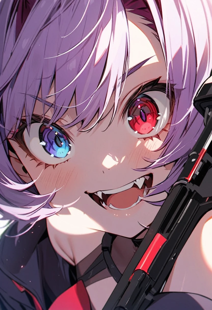high resolution ,cute ,One Woman , Purple Hair, short hair , Fangs Beautiful Eyes ,Purple and red heterochromia ,♰Eyes and shoulders are protruding ,Jacket ,Possessing a sniper rifle
