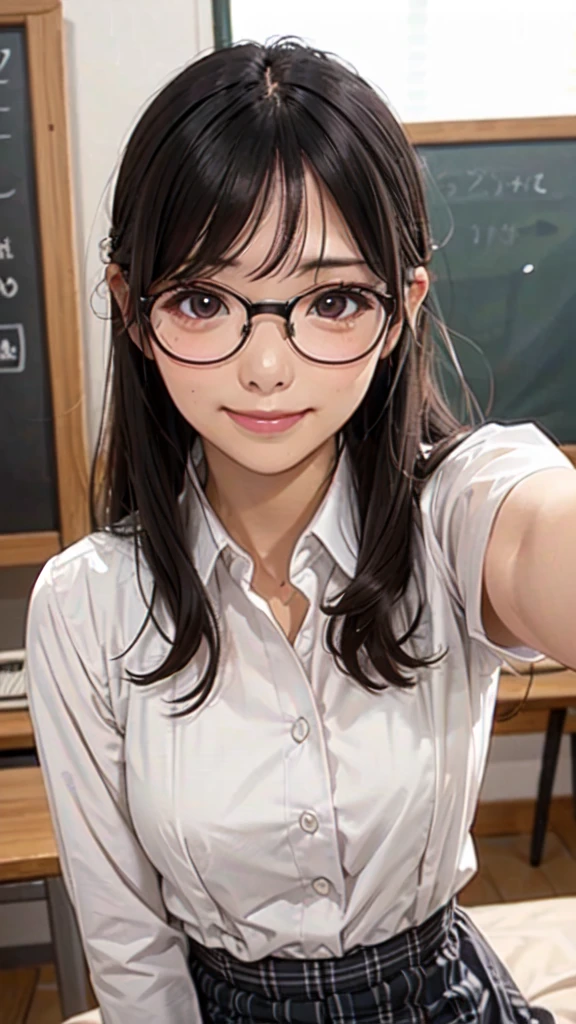 very cute and beautiful girl,(Very detailed美しい顔),(((A very cute face like a top Japanese idol)))、White blouse,ribbon,(Pleated check mini skirt),
Black Hair,Wooden classroom,
(Highest quality,masterpiece:1.0),Absurd,High resolution,Very detailed,Detailed Background,Composition from the front,Long Hair、(((Glasses)))、(((looking at the camera)))、(((upper body shot)))、smile