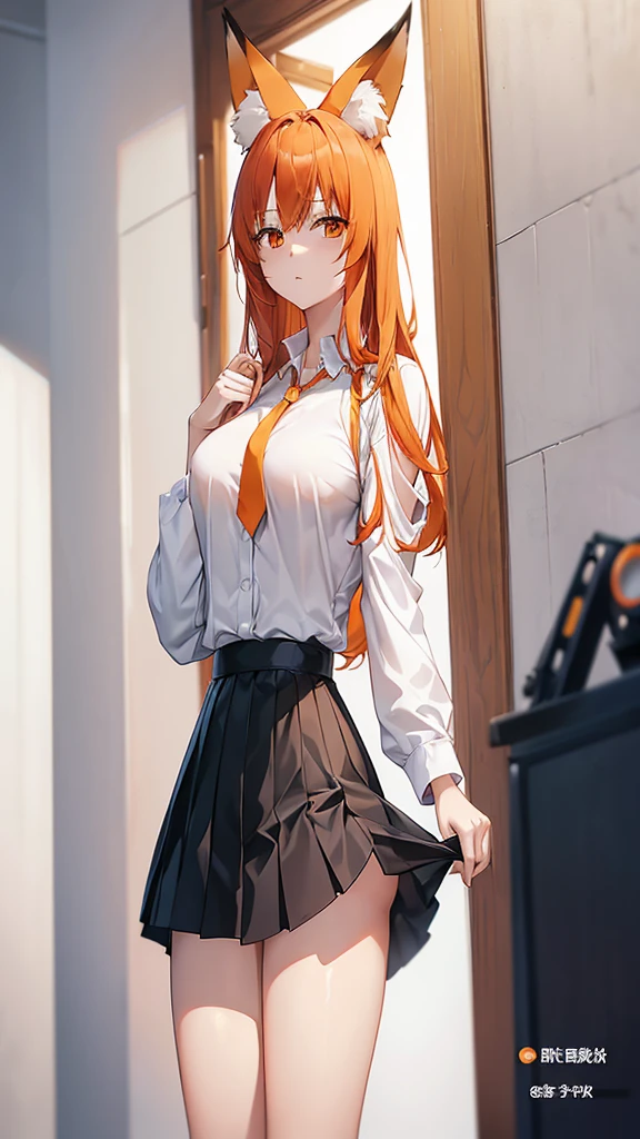 Standing full-length photo in anime style of a cute 20-year-old girl with long orange hair, fox ears. large, delicate body and large bust, wearing sexy clothes, a loose white blouse, a slim orange tie, a short black skirt, white socks and black shoes. white image background.