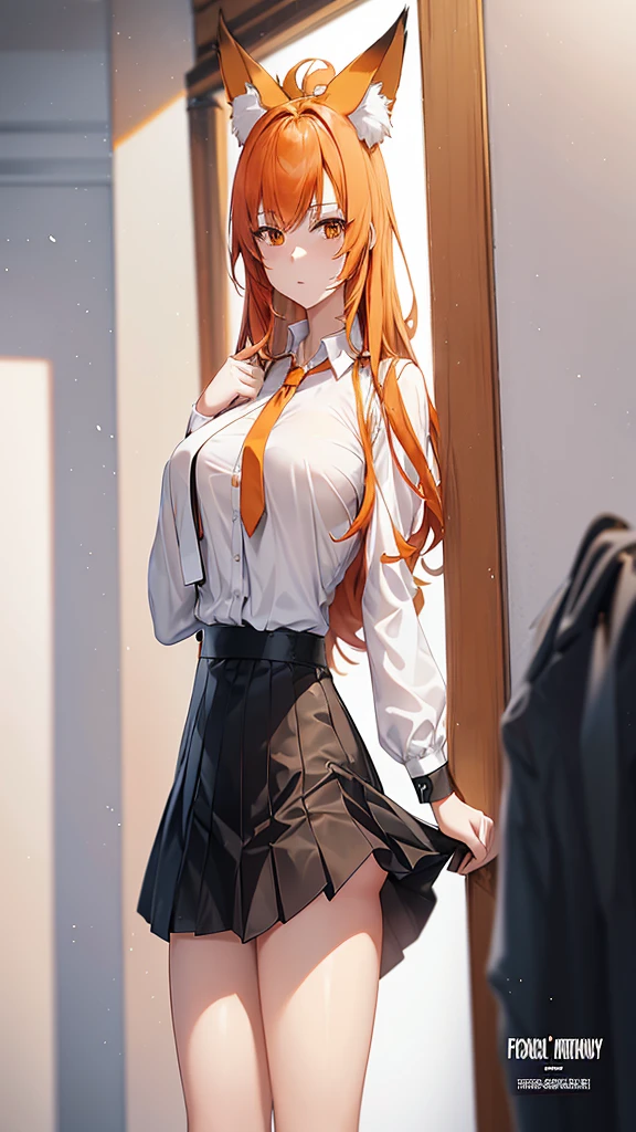Standing full-length photo in anime style of a cute 20-year-old girl with long orange hair, fox ears. large, delicate body and large bust, wearing sexy clothes, a loose white blouse, a slim orange tie, a short black skirt, white socks and black shoes. white image background.