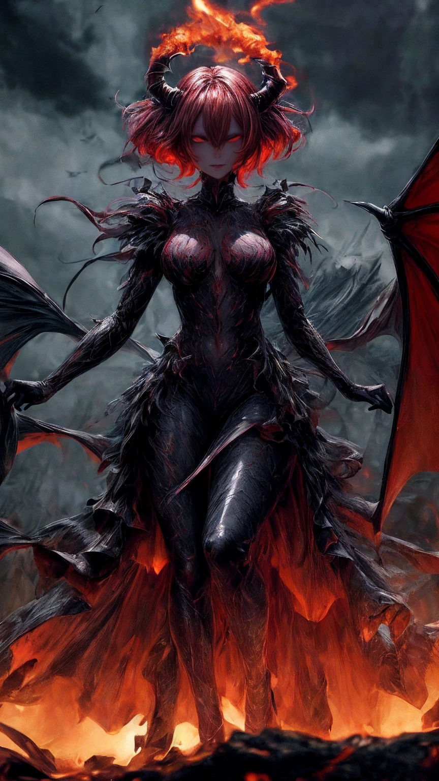 Storyboard, masterpiece, highest quality, dragonlady queen, perfect demoness, long legs, hourglass fugure, bright red glowing eyes, detailed eyes (1.4), scars on face, villainous expression, flaming skin body with bioluminescent glowing pattern, ready for battle, blurred stormy background, dark atmosphere, lighting in background,full body,