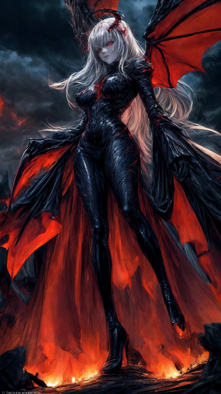 Storyboard, masterpiece, highest quality, dragonlady queen, perfect demoness, long legs, hourglass fugure, bright red glowing eyes, detailed eyes (1.4), scars on face, villainous expression, flaming skin body with bioluminescent glowing pattern, ready for battle, blurred stormy background, dark atmosphere, lighting in background,full body,