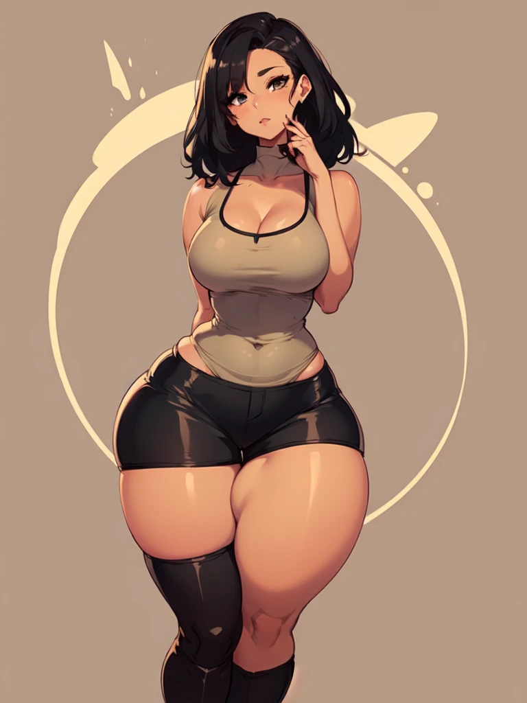 Chubby anime woman wearing black leggings up to her waist, white underwear