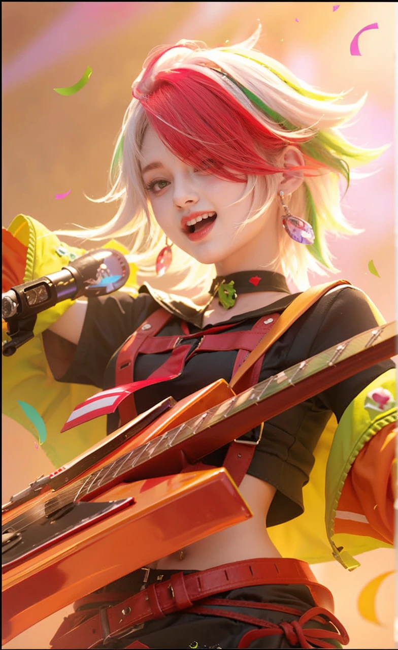 Girl holding a guitar, mixed red, white and green hair, black dress,
