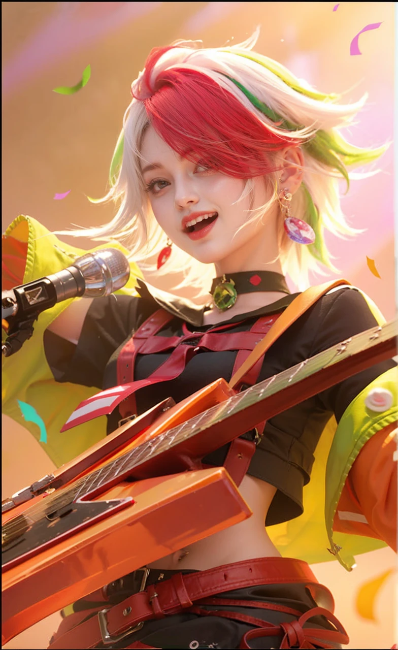 Girl holding a guitar, mixed red, white and green hair, black dress,